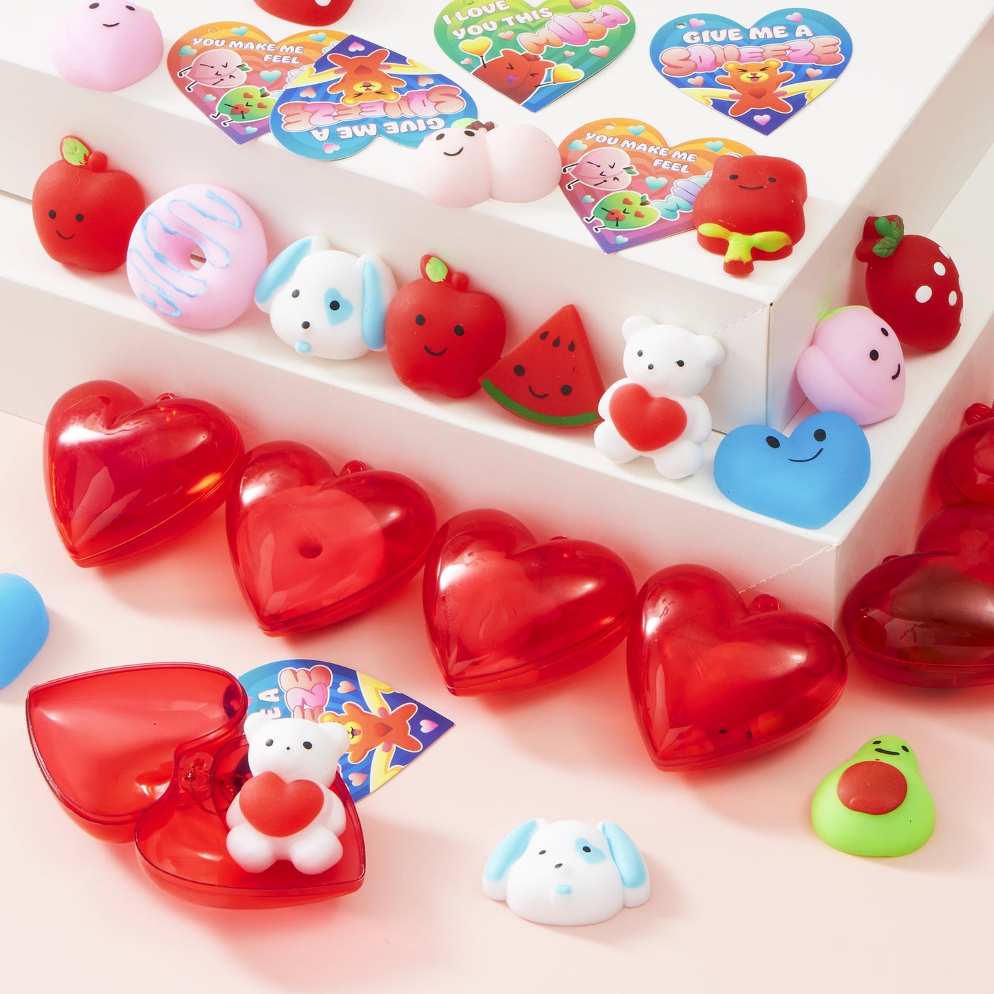 56 Pcs Valentines Cards for Kids (28 Mochi and 28 Cards),Kawaii Animal Mochi Squishy Stress Relief Gifts for Girls,Valentine Games Class Prizes for Kids