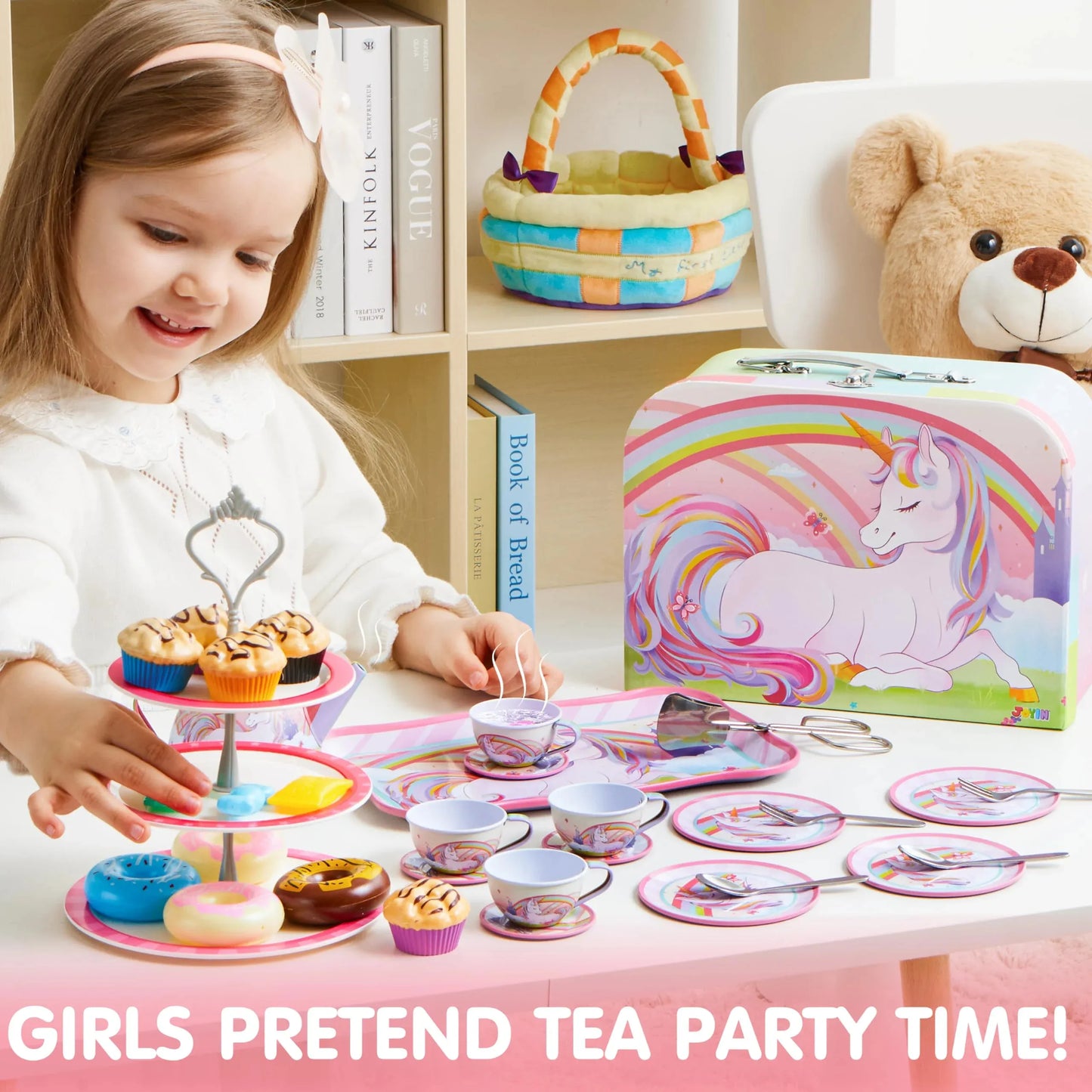 Syncfun 35 Pcs Unicorn Tea Set for Little Girls, Pretend Tin Teapot Set, Princess Tea Time Play Kitchen Toy, Birthday Gifts Kids Toddlers Age 3 4 5 6