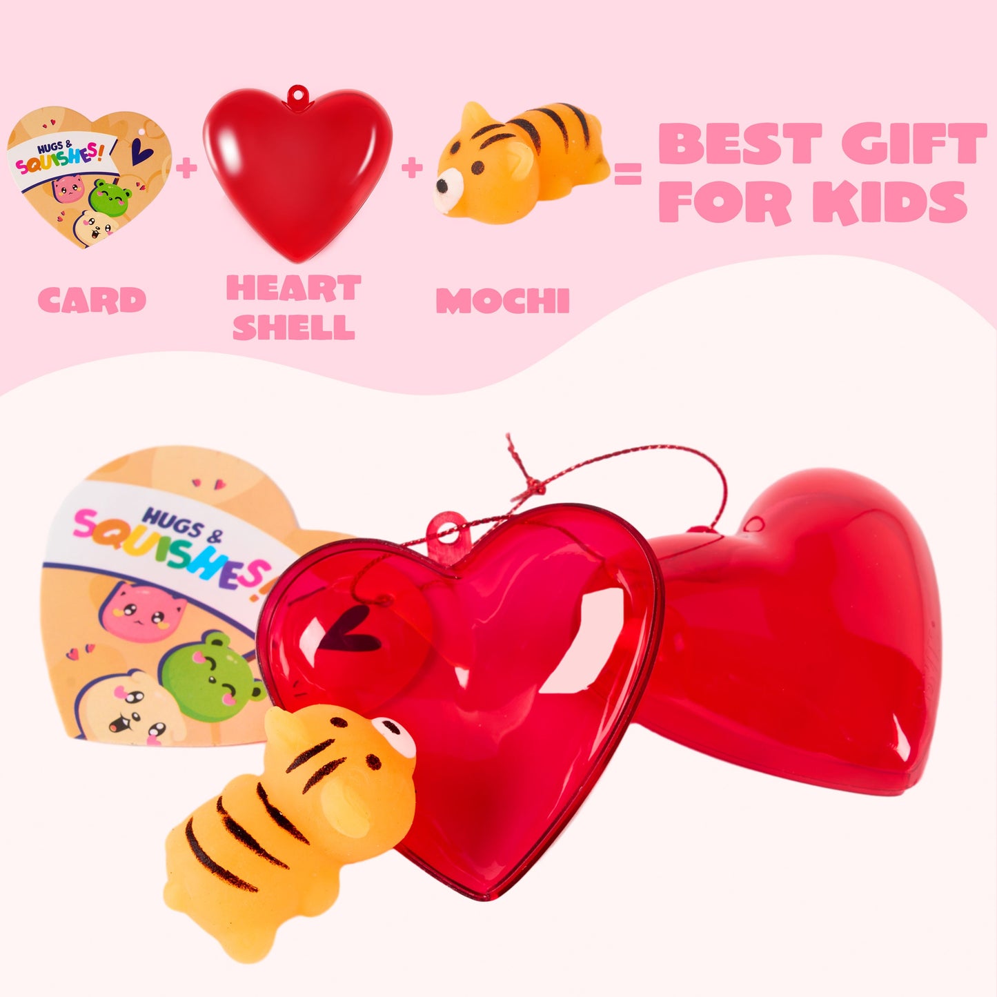 30 Packs Valentine’s Day Heart Gift Cards with Mix Critter Mochi Squishy Toys and Heart Shells, Stress Relief Fidget Toys, Squeeze Toys for Kids Valentine‘s Party Favors and Classroom Exchange