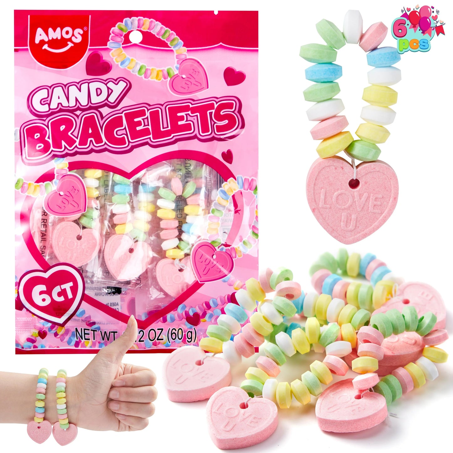 6 Pcs Valentine's Day Candy Bracelets 2.12OZ, Individually Wrapped, Sweet Exchange Gift for Kids, for Kids Birthday