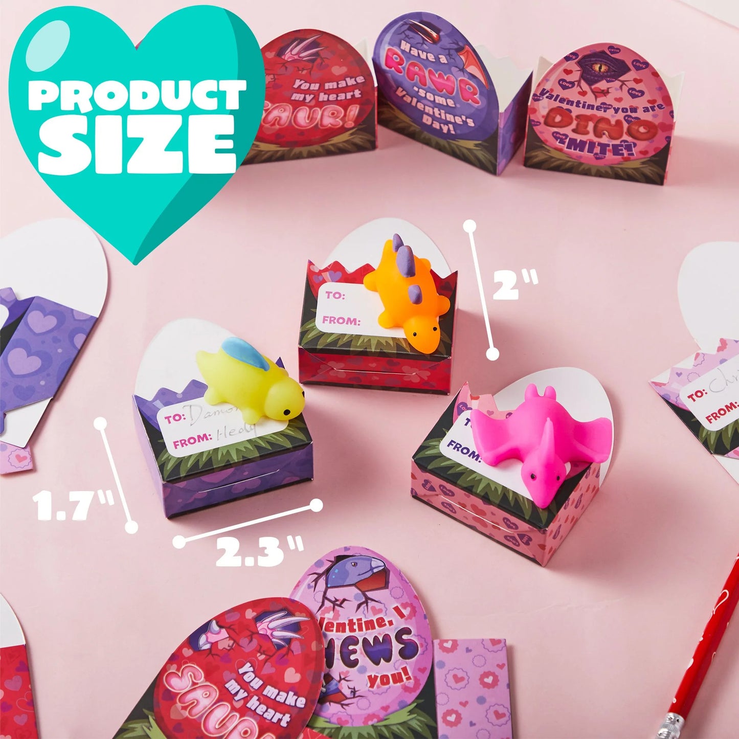 28 Packs Valentine Stress Relief Dinosaur Mochi Toys with 4-Design Boxes Party Favors Set for Kids Valentine Classroom Exchange, Holiday Party, Game Prizes and Gift Basket Stuffers