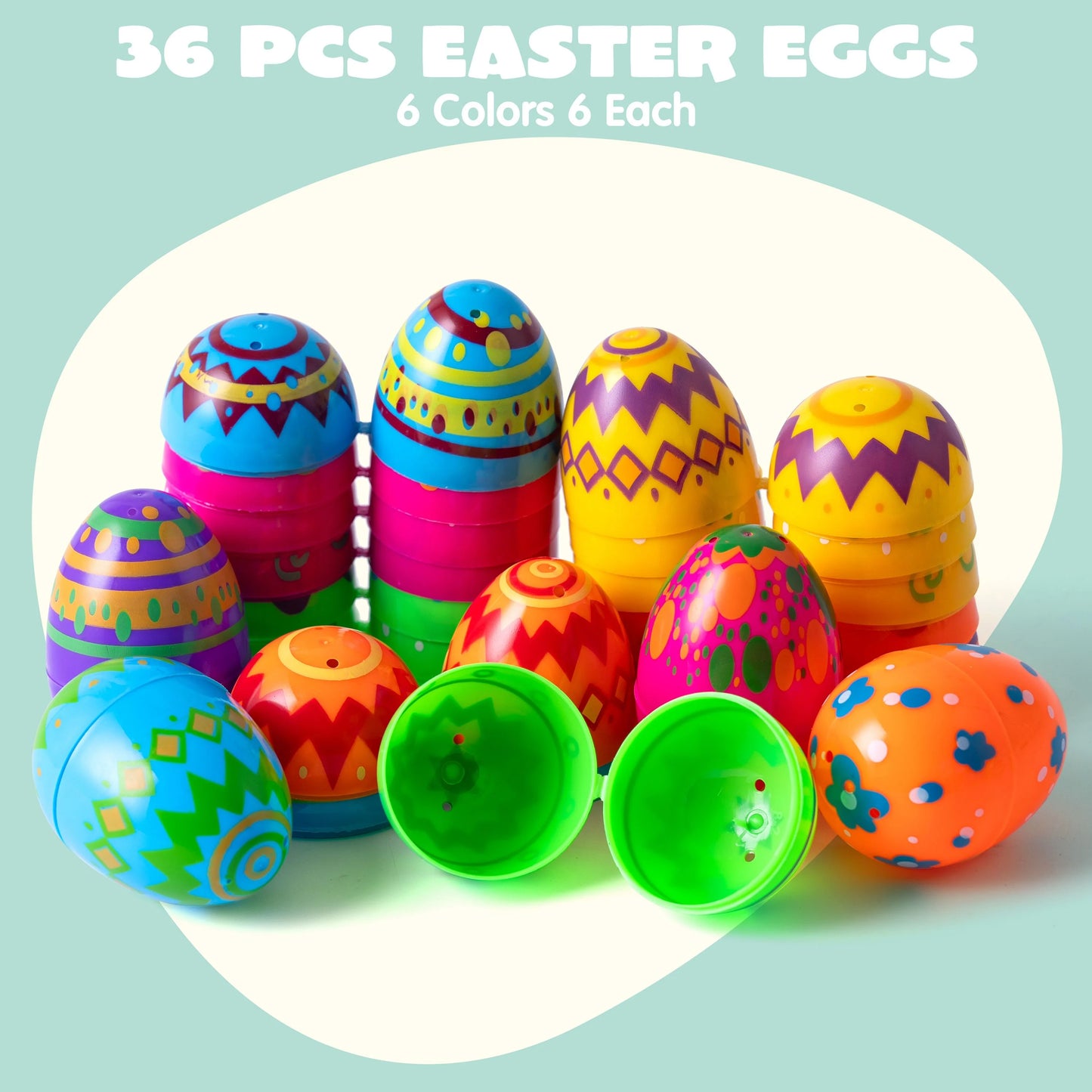 36PCS 3.15" Printed Easter Eggs, Empty Fillable Colorful Plastic Eggs Bulks for Easter Hunt, Basket Stuffers Filler, Classroom Prize Supplies