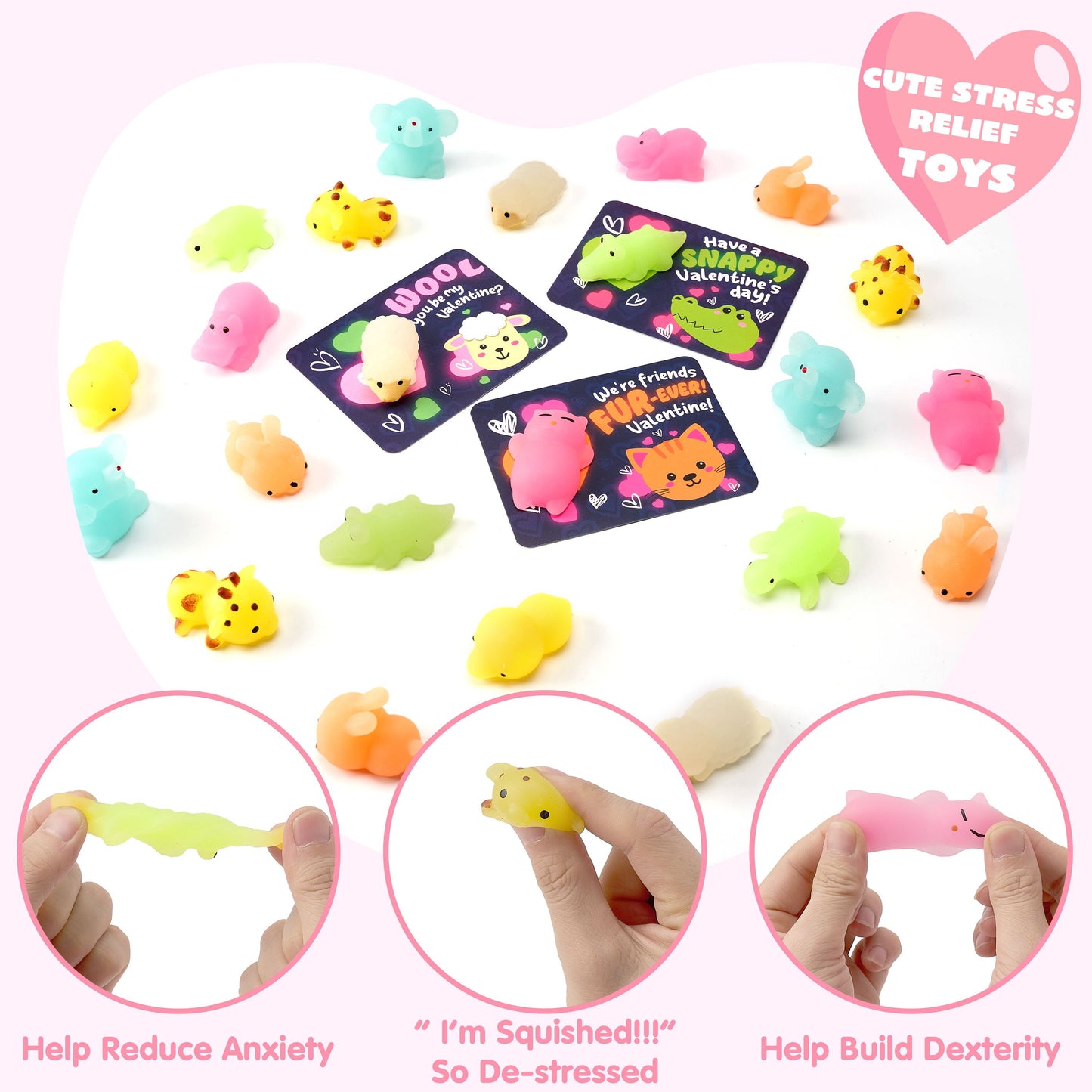 36 Packs Valentine’s Day 9-Design Gift Cards with Glow in Dark Mochi Squishy Toys, Stress Relief Fidget Toys, Glowing Squeeze Toys for Kids Valentine's Party Favors and Classroom Exchange