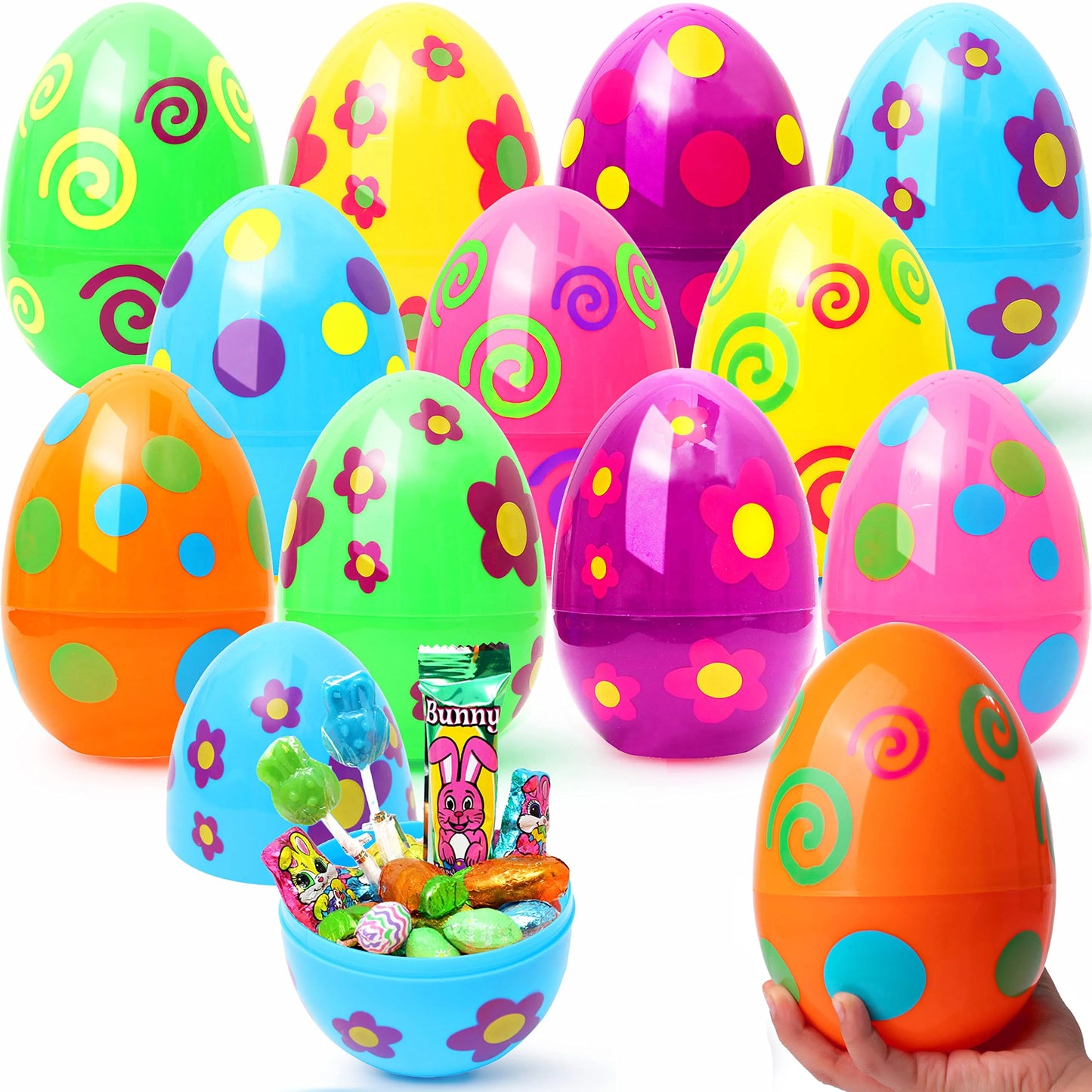 12 Pcs Jumbo Easter Eggs, 6 Inches Printed Plastic Large Easter Eggs Empty for Hunt, Basket Stuffers/Fillers, Filling Treats, Party Favors Supplies, Classroom Prizes