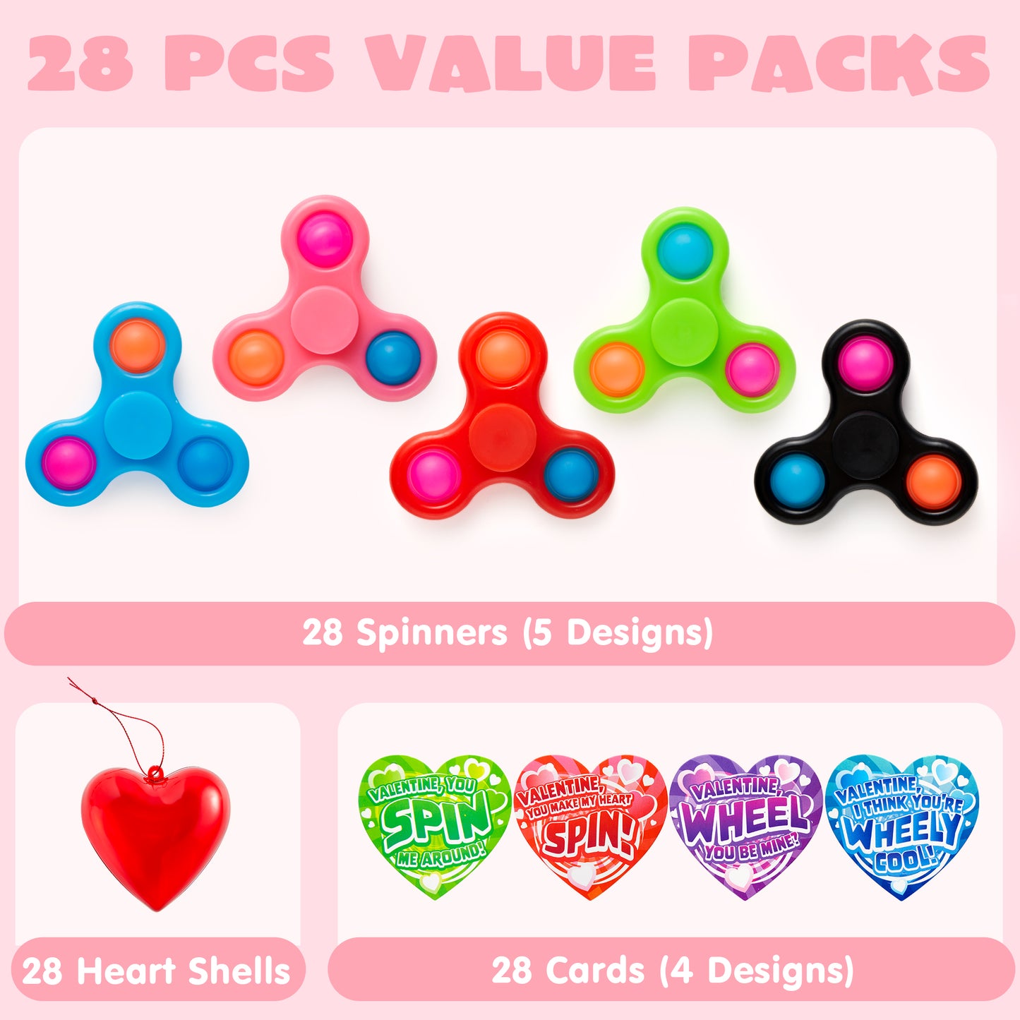 56 Pcs Valentines Cards for Kids (28 Fidget Spinner and 28 Cards),Valentine’s Card Classroom Exchange Prizes for Boys and Girls
