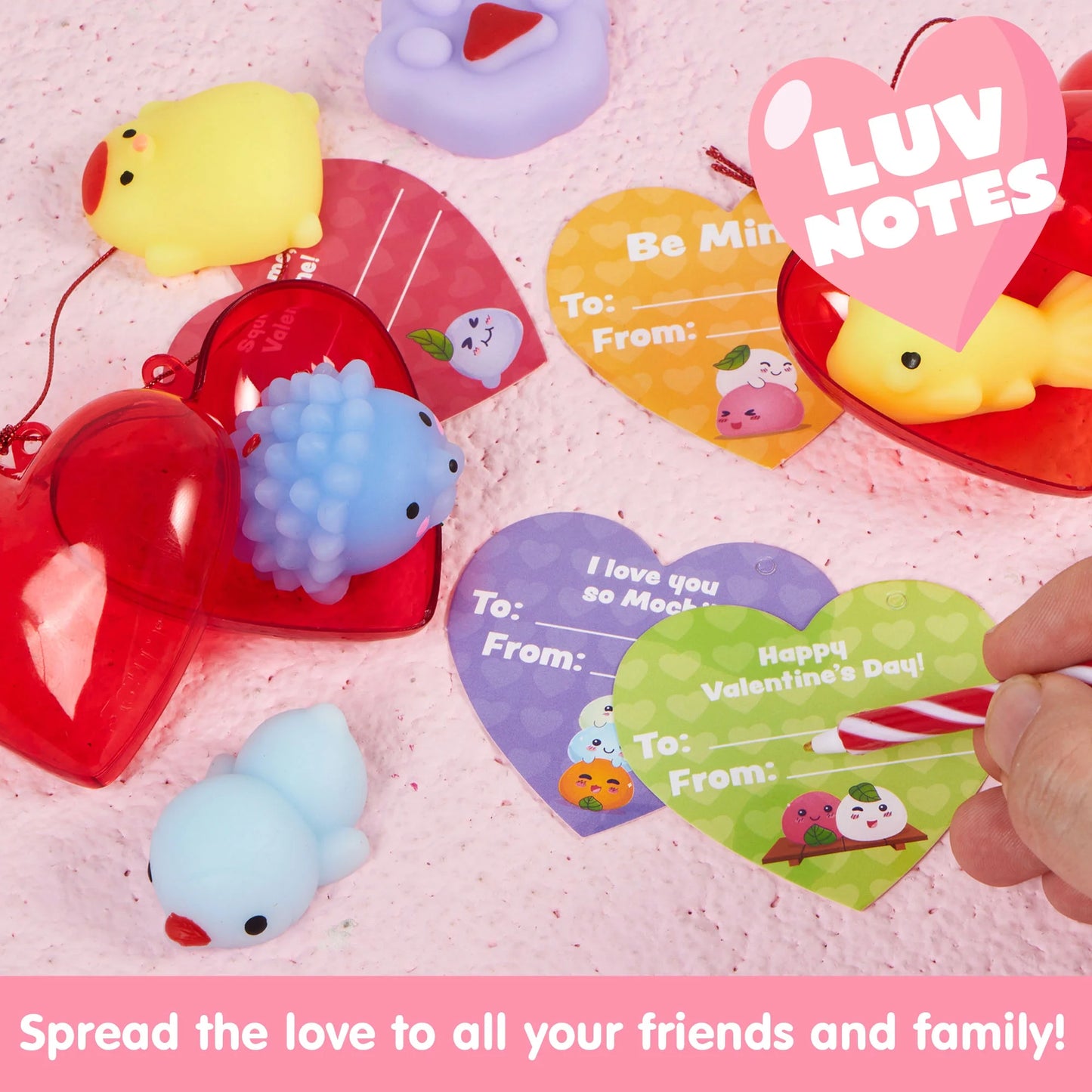 56 Pcs Valentines Cards for Kids (28 Mochi and 28 Cards),Stress Relief Mochi Squishy Toys Filled Hearts for Kids Classroom Exchange Cards,Game Prizes Gifts