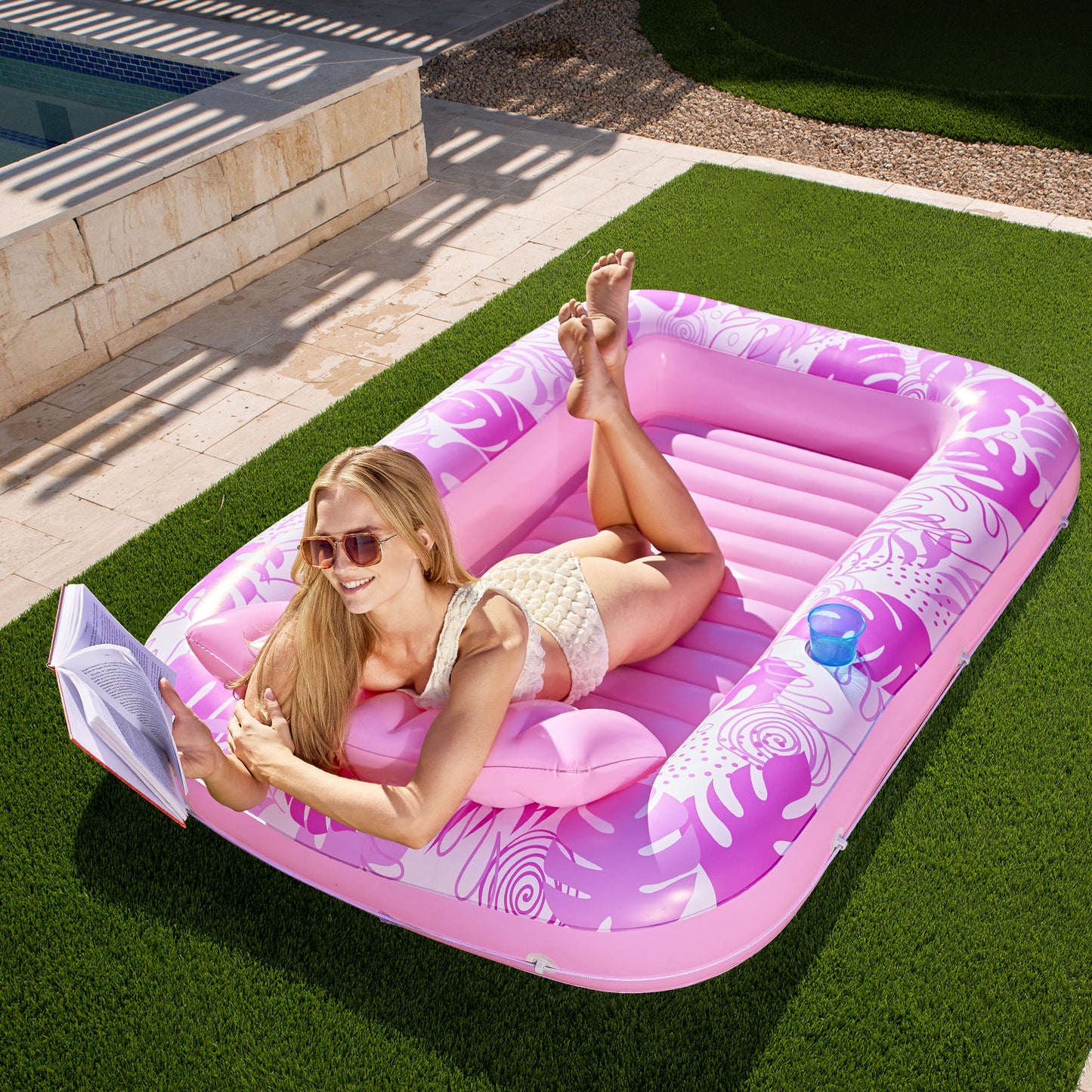 Sloosh Inflatable Tanning Pool Lounger Float, 70" x 46" Large Suntan Tub with Pillow, Water Raft Float For Kids & Adults Pink