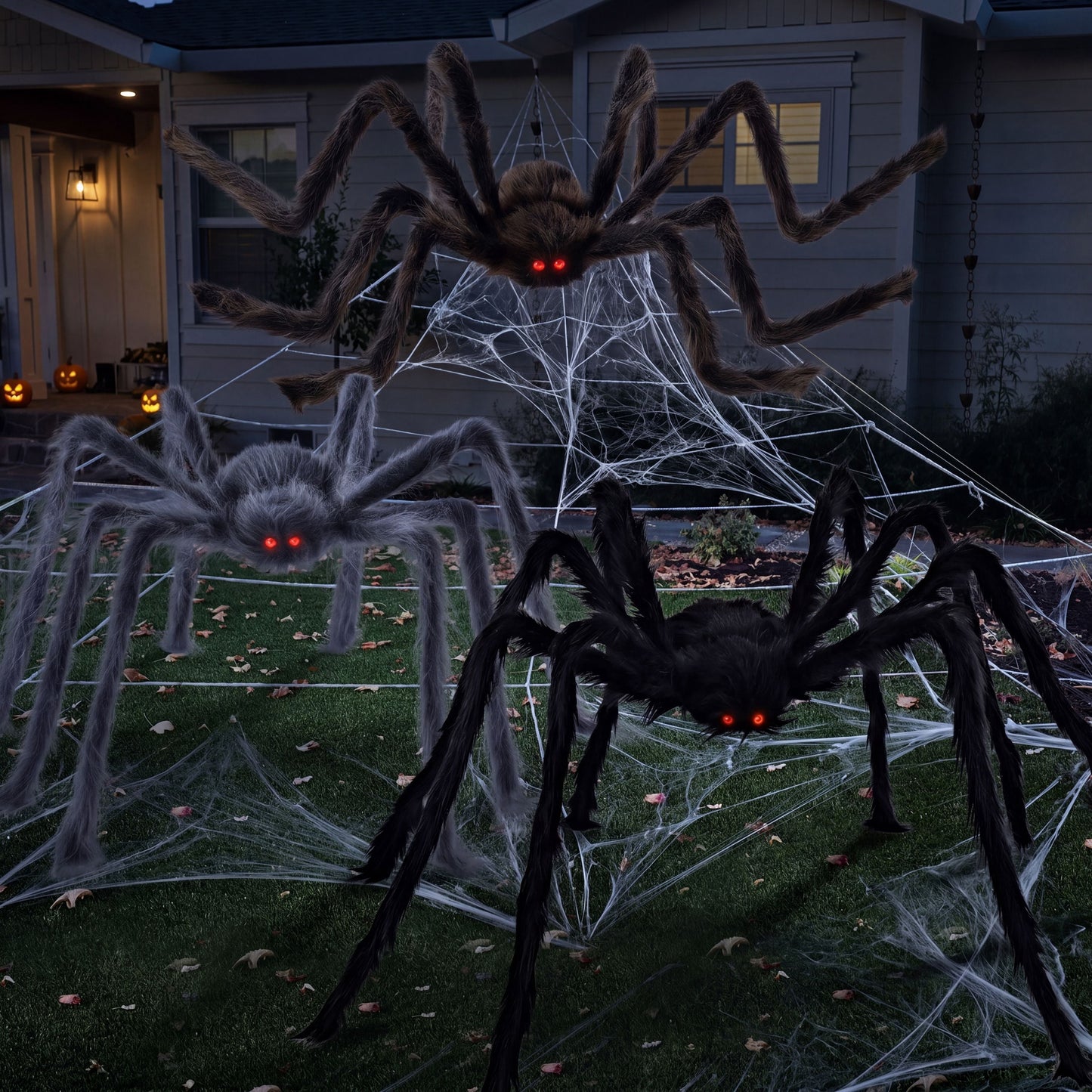 Joyfy 3 Pack Giant Hairy Fake Spiders Halloween Decor,Large Scary Spider Props for Yard,Lawn,Porch,Indoor Haunted House Decor 59¡åBlack, 47¡å Brown, 35¡å Grey