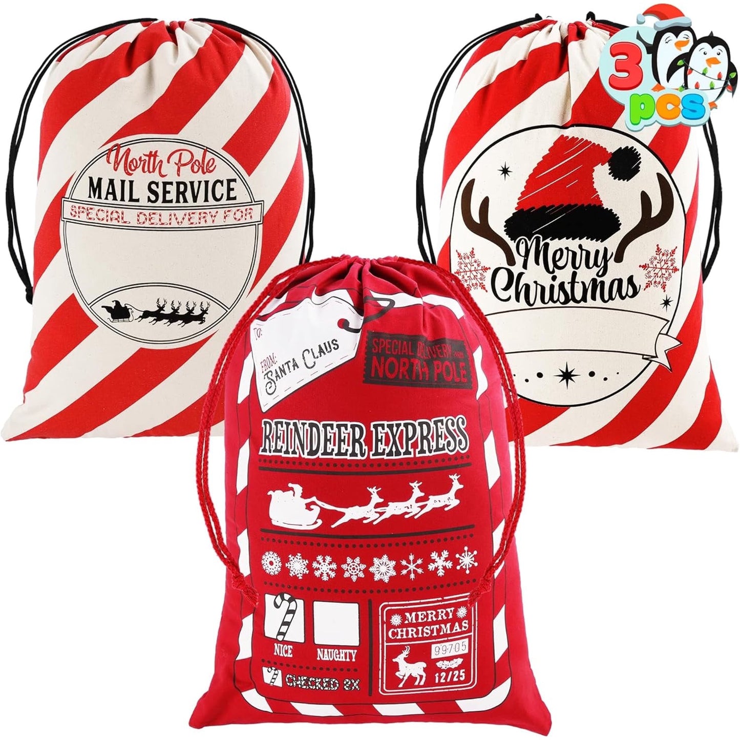 Joyfy 3 PCS Christmas Santa Burlap Sack Gift Bags with Drawstring for Large Xmas Package Storage Bag, Holiday Party Supplies, Xmas Party Favors 26" x 19"