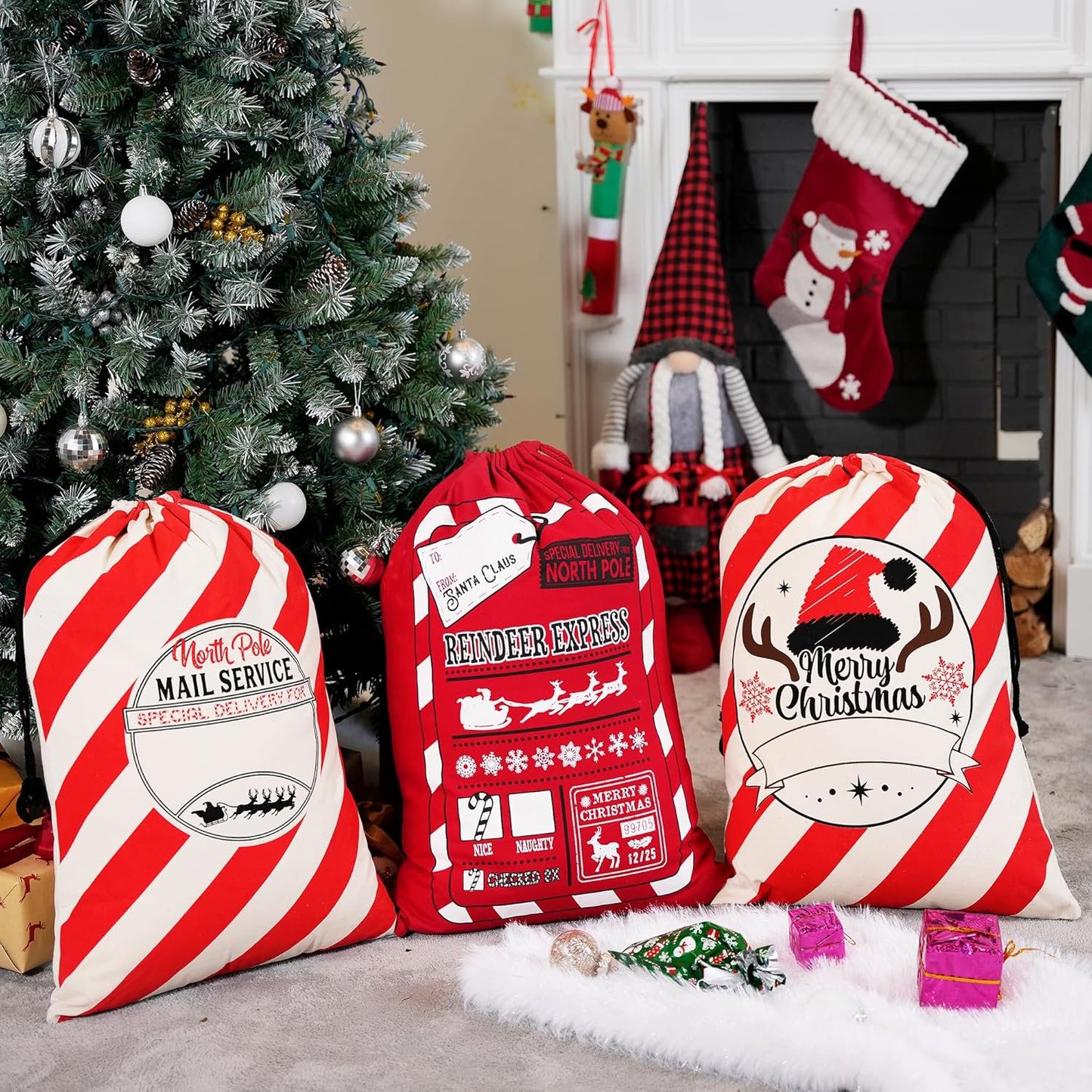 Joyfy 3 PCS Christmas Santa Burlap Sack Gift Bags with Drawstring for Large Xmas Package Storage Bag, Holiday Party Supplies, Xmas Party Favors 26" x 19"