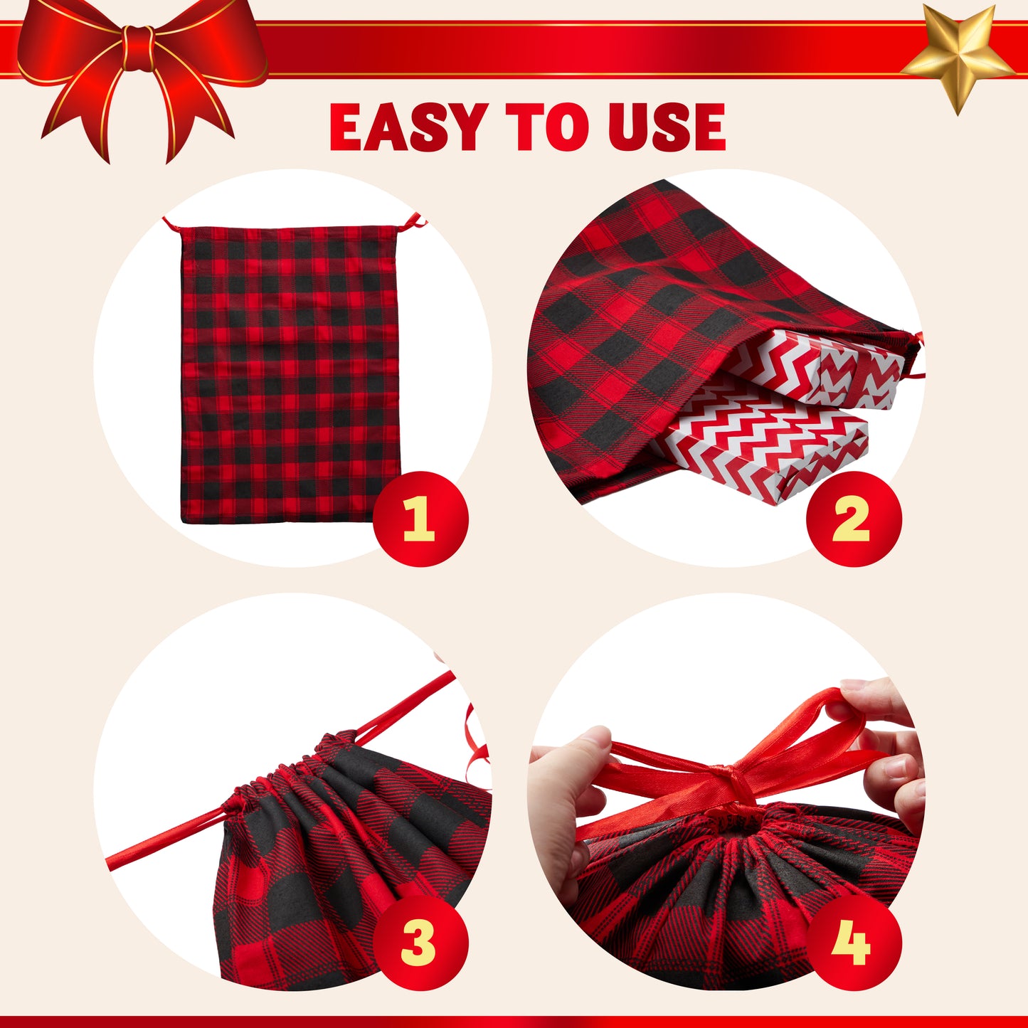 Joyfy 6 Pcs Christmas Fabric Drawstring Gift Bags 19" x 14.5" Reusable Christmas Sacks Buffalo Plaid Pouches Gift Wrapping Bag Set for Xmas Holiday Presents Décor, Giant Gifts Decorations