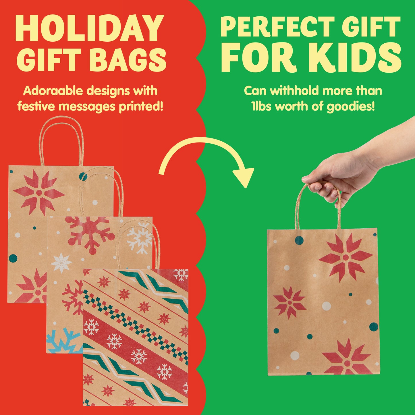 Joyfy 24 Pcs Christmas Present Bags, Kraft Bags with Handle for Christmas Party Favors, Gift Giving, Holidays Decorations, Xmas Treat Bags