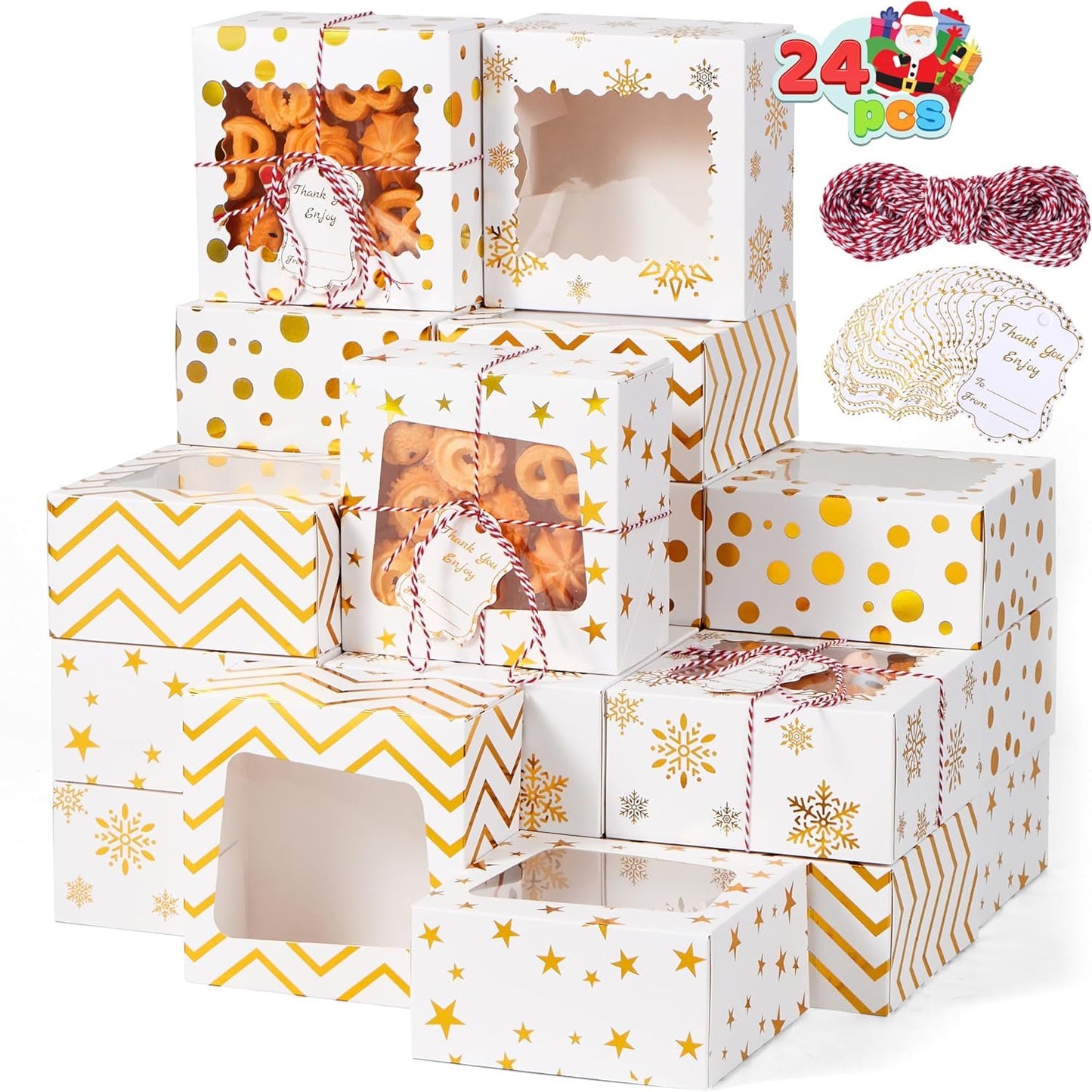 Joyfy 24 Pcs Christmas Cookie Boxes, Gold Foil Treat Box with Window 6" x 6" x 3" Bakery Gift Wrapping Box with 4 Designs for Xmas Holiday Party Favor Pastries, Cupcakes, Cookies, Donuts Gift-Giving