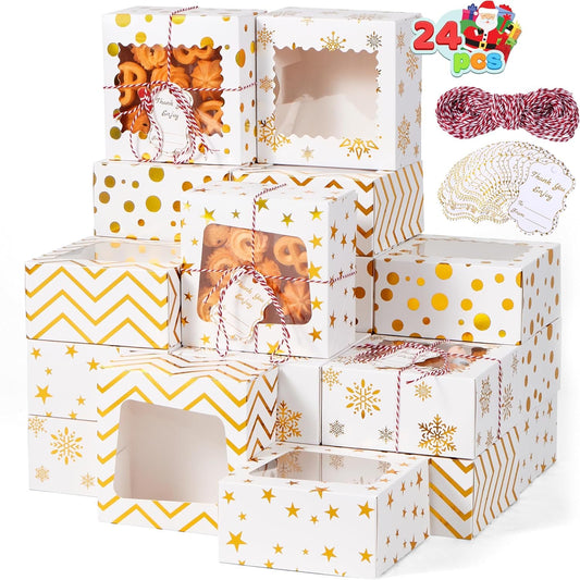Joyfy 24 Pcs Christmas Cookie Boxes, Gold Foil Treat Box with Window 6" x 6" x 3" Bakery Gift Wrapping Box with 4 Designs for Xmas Holiday Party Favor Pastries, Cupcakes, Cookies, Donuts Gift-Giving