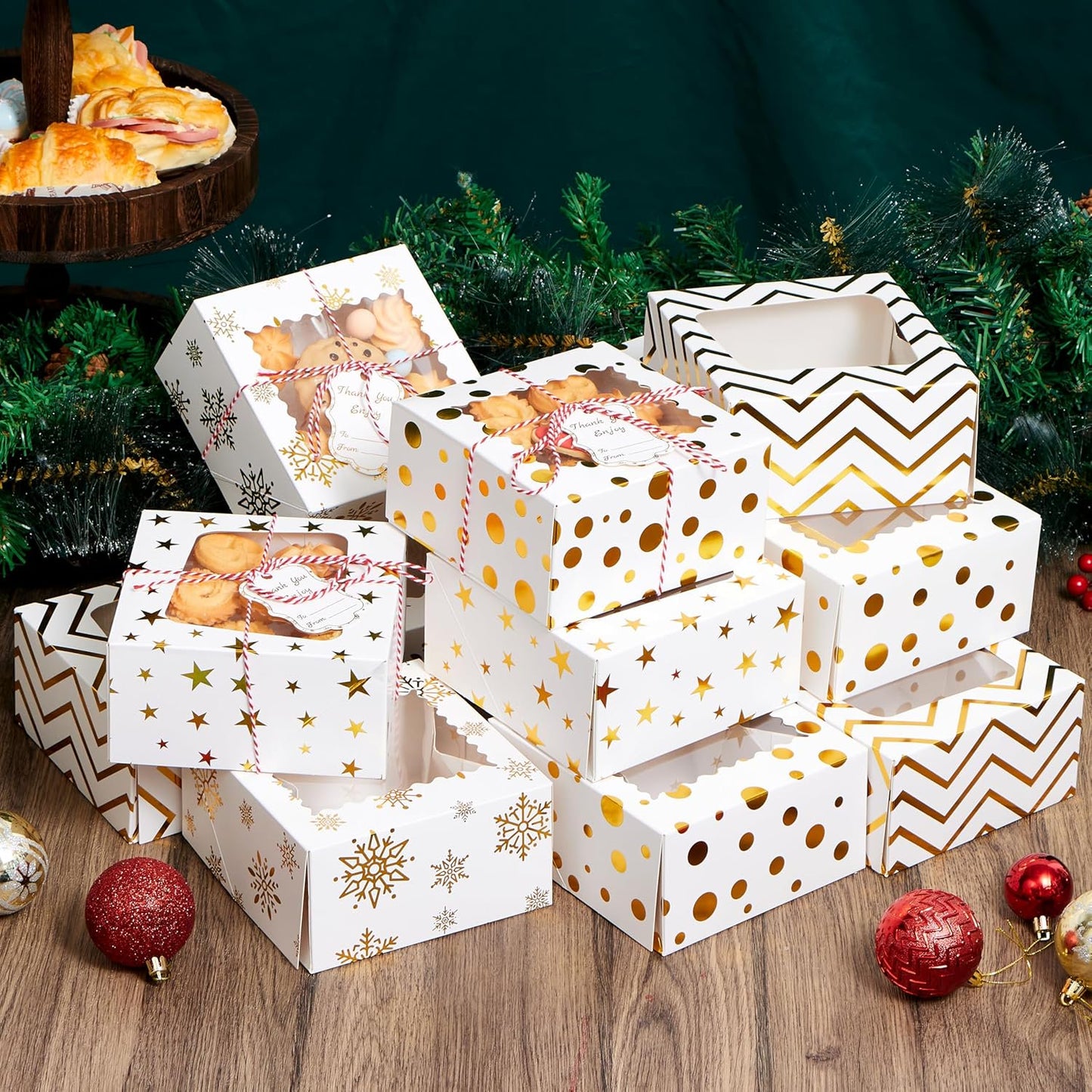 Joyfy 24 Pcs Christmas Cookie Boxes, Gold Foil Treat Box with Window 6" x 6" x 3" Bakery Gift Wrapping Box with 4 Designs for Xmas Holiday Party Favor Pastries, Cupcakes, Cookies, Donuts Gift-Giving