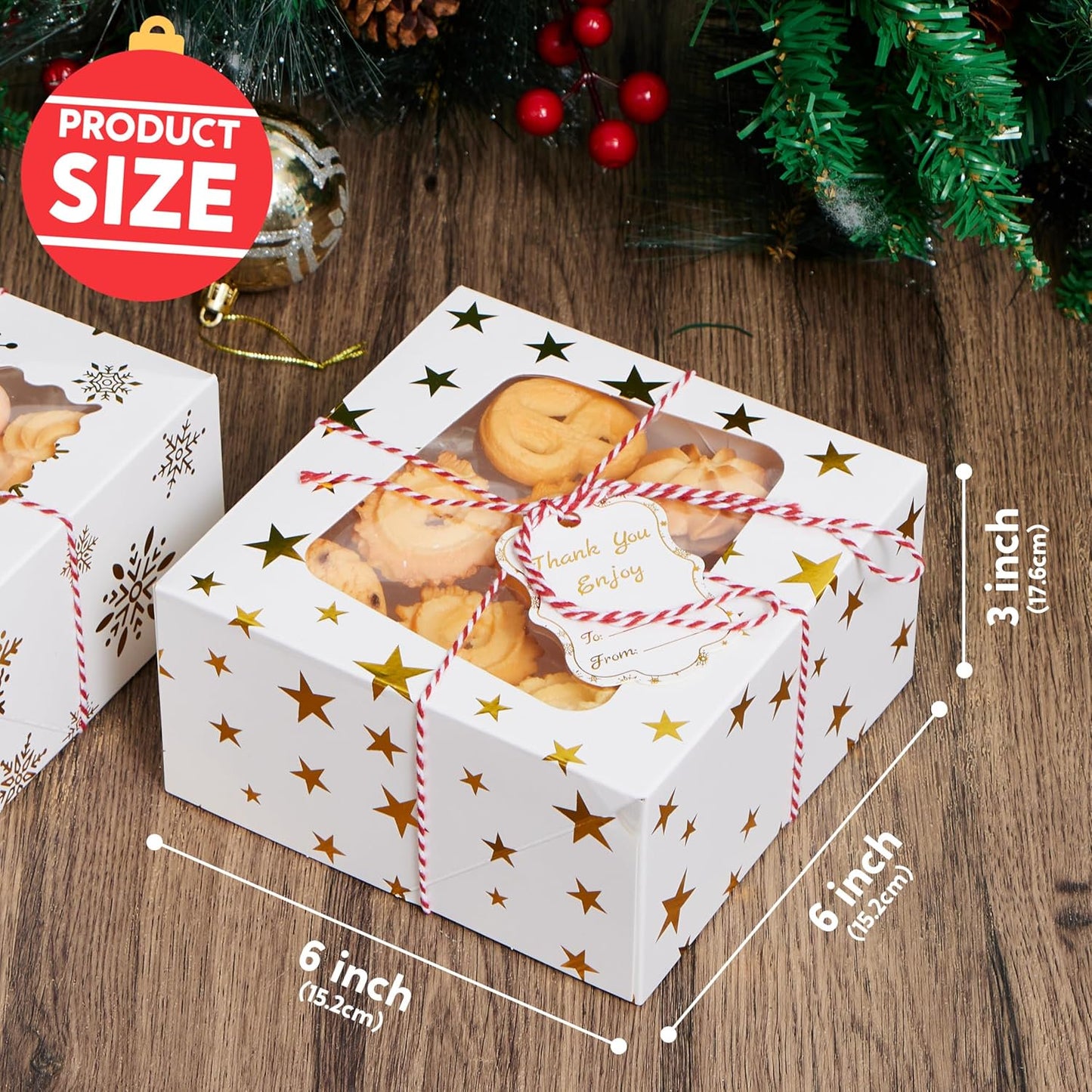 Joyfy 24 Pcs Christmas Cookie Boxes, Gold Foil Treat Box with Window 6" x 6" x 3" Bakery Gift Wrapping Box with 4 Designs for Xmas Holiday Party Favor Pastries, Cupcakes, Cookies, Donuts Gift-Giving