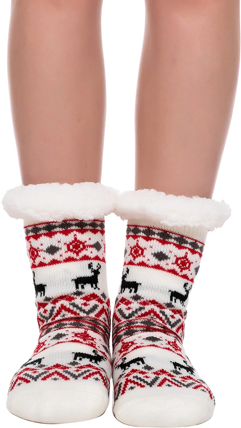 Joyfy 2 Pack Christmas Socks Fuzzy Socks for Women,Comfy Crew Fuzzy Sock Slippers for Women Adults,Christmas Gifts for Women