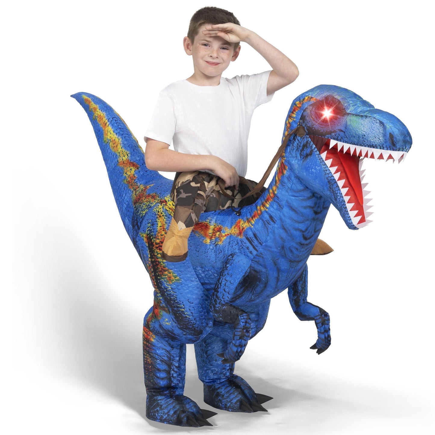 Joyfy Inflatable Dinosaur Costume for Kids, LED Light Eyes Blue Raptor Ride-On Inflatable Suit for Halloween Dress Up Party