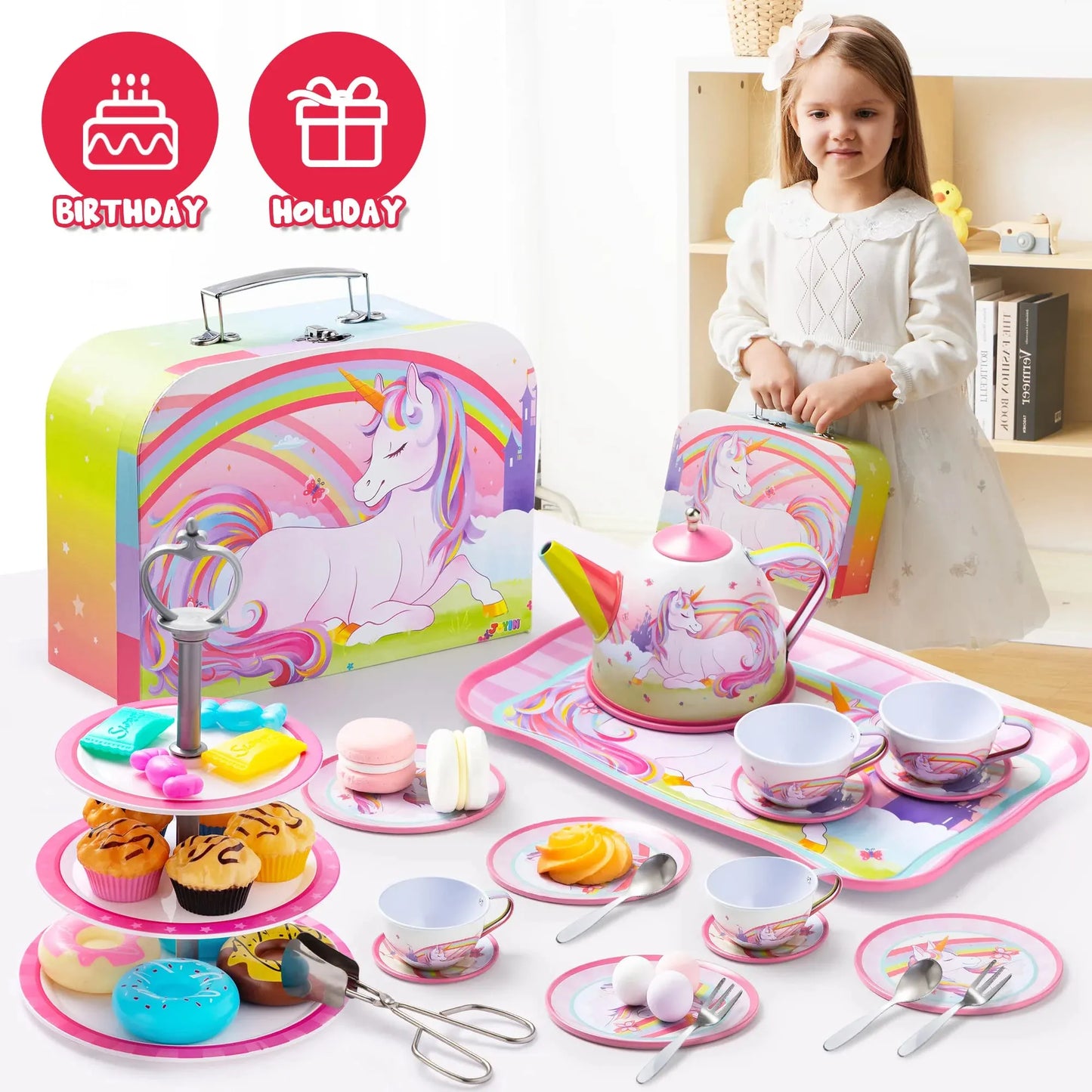 Syncfun 35 Pcs Unicorn Tea Set for Little Girls, Pretend Tin Teapot Set, Princess Tea Time Play Kitchen Toy, Birthday Gifts Kids Toddlers Age 3 4 5 6