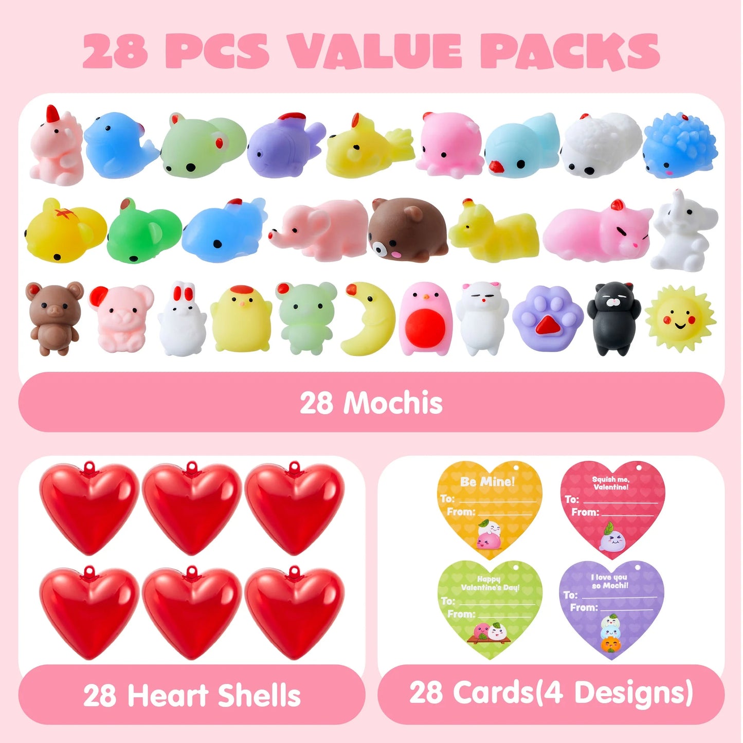 56 Pcs Valentines Cards for Kids (28 Mochi and 28 Cards),Stress Relief Mochi Squishy Toys Filled Hearts for Kids Classroom Exchange Cards,Game Prizes Gifts