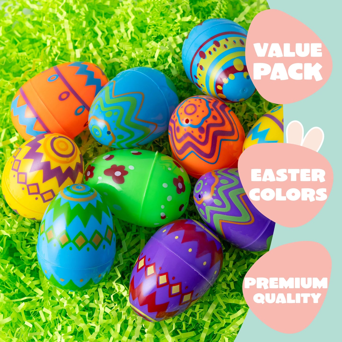 36PCS 3.15" Printed Easter Eggs, Empty Fillable Colorful Plastic Eggs Bulks for Easter Hunt, Basket Stuffers Filler, Classroom Prize Supplies