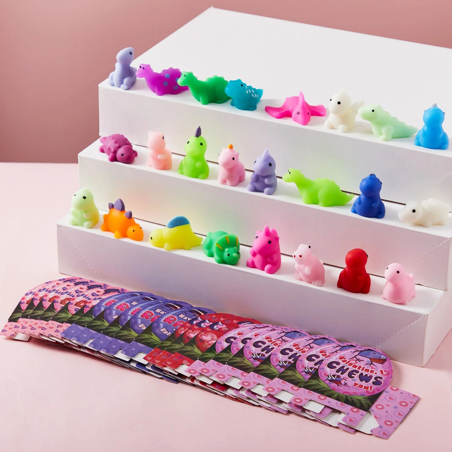 28 Packs Valentine Stress Relief Dinosaur Mochi Toys with 4-Design Boxes Party Favors Set for Kids Valentine Classroom Exchange, Holiday Party, Game Prizes and Gift Basket Stuffers