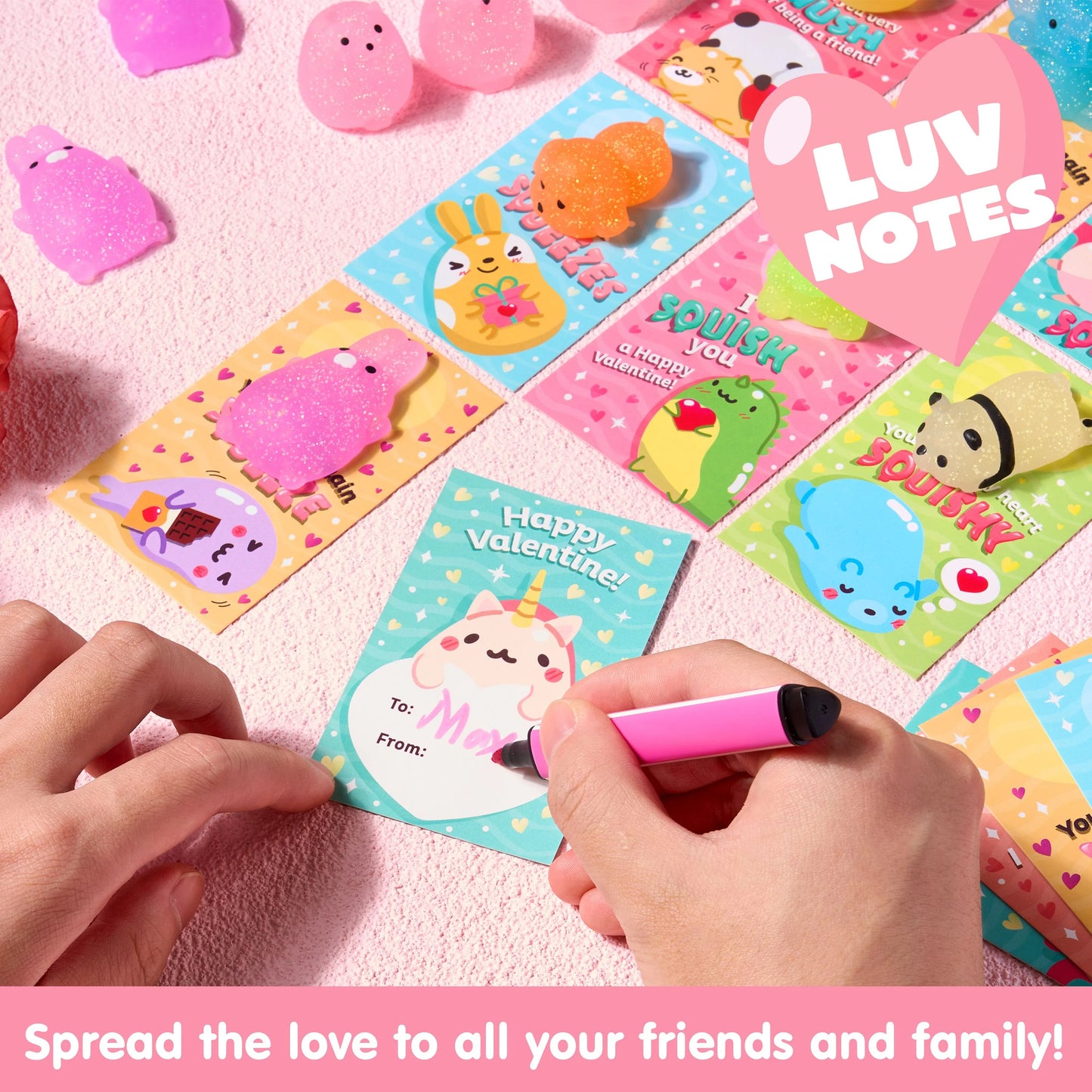 28 Packs Gift Cards with Glitter Mochi Squishy Toys, Stress Relief Fidget Toys, Cute Squeeze Toys for Kids Valentine’s Party Favor, Classroom Exchange Prizes, Exchange Gifts and Greeting Cards