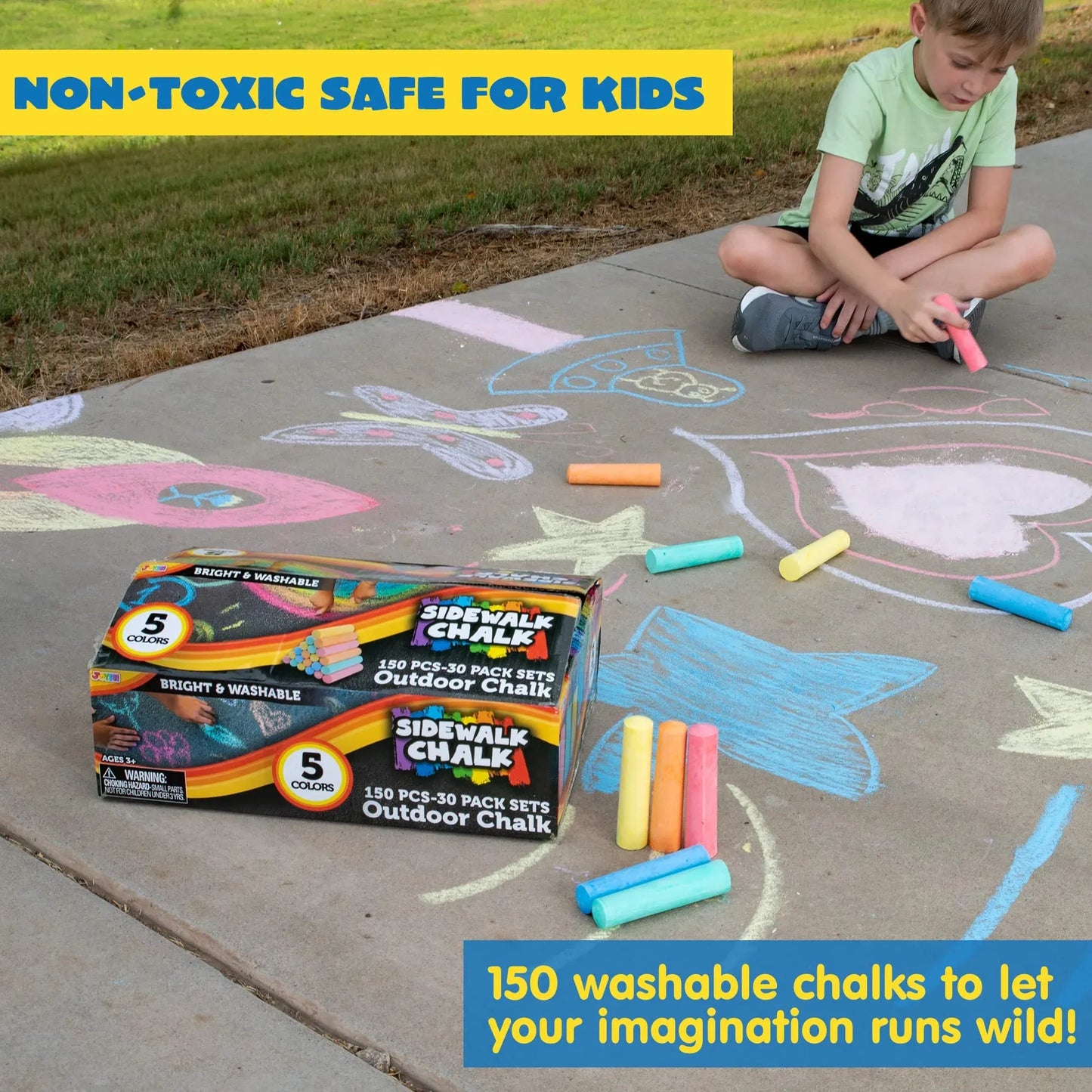 Syncfun 150PCS Washable Sidewalk Chalks,Giant Box Non-Toxic Jumbo Washable Chalk for Outdoor Art Play, Playground,5 Colors