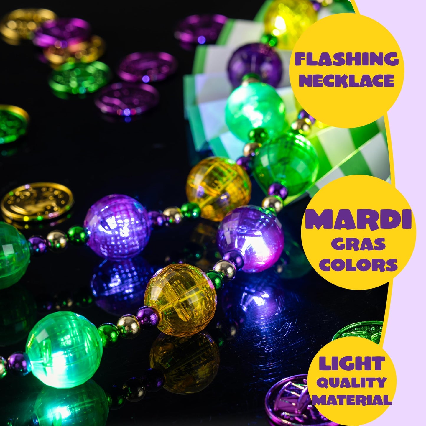 41 inch LED Carnival Giant Bead Necklace, Gold Green Purple Luminous Necklace