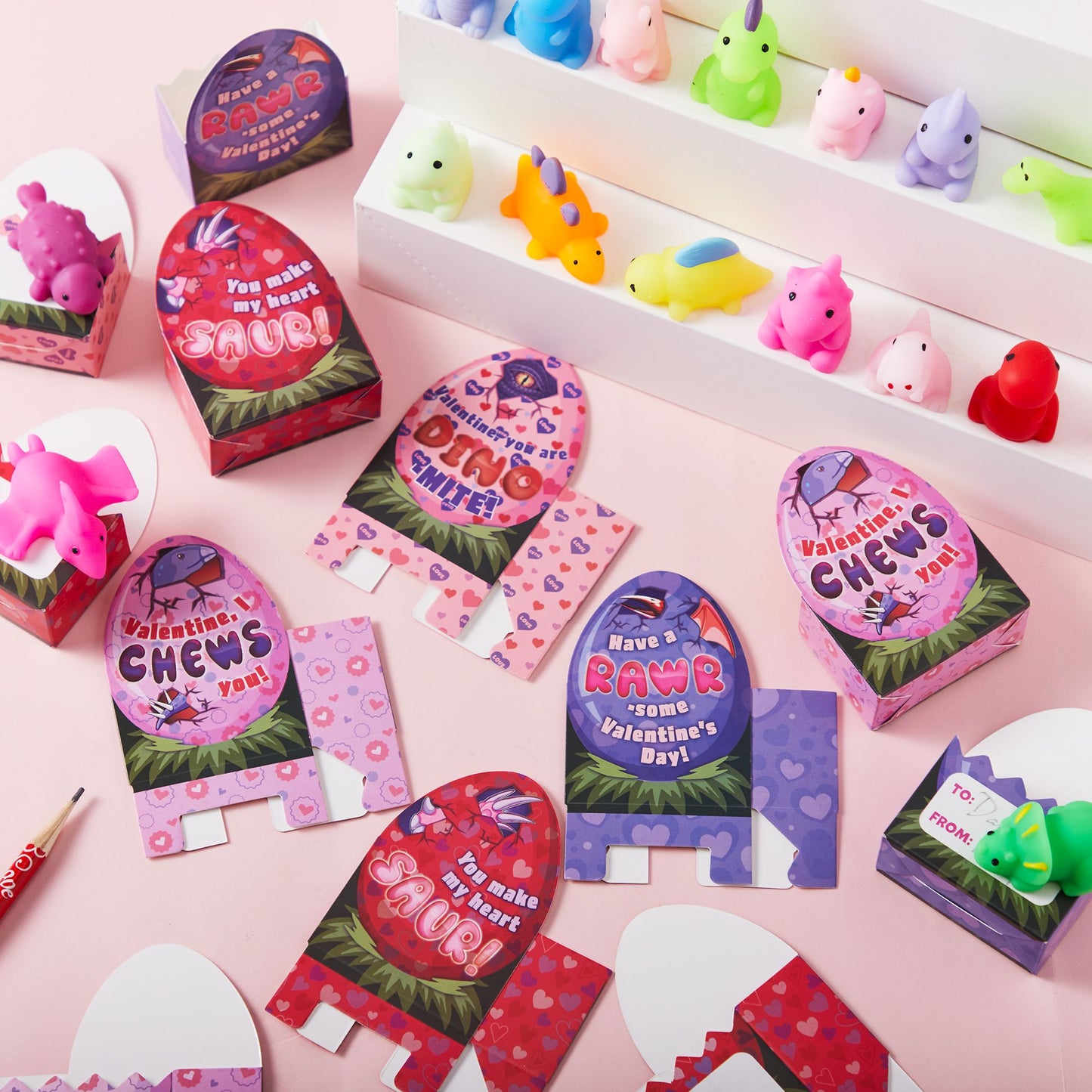 28 Packs Valentine Stress Relief Dinosaur Mochi Toys with 4-Design Boxes Party Favors Set for Kids Valentine Classroom Exchange, Holiday Party, Game Prizes and Gift Basket Stuffers
