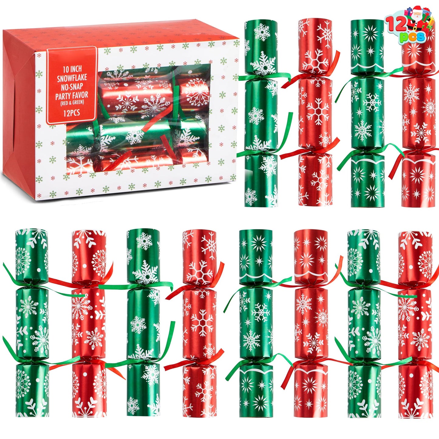 Joyfy 12 Pcs Christmas Crackers Party Favor Non-Snap Red & Green Snowflake Design Party Table Favors with Holiday Party Favor Supplies for Kids