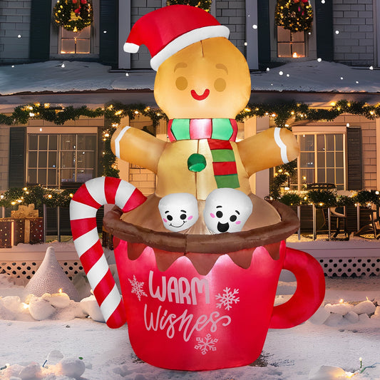 Joyfy 6 FT Christmas Inflatables Gingerbread Man Outdoor Decorations,Gingerbread Man Cocoa Mug Blow Ups Yard with Built-in LEDs for Holiday Party Garden Lawn Decor