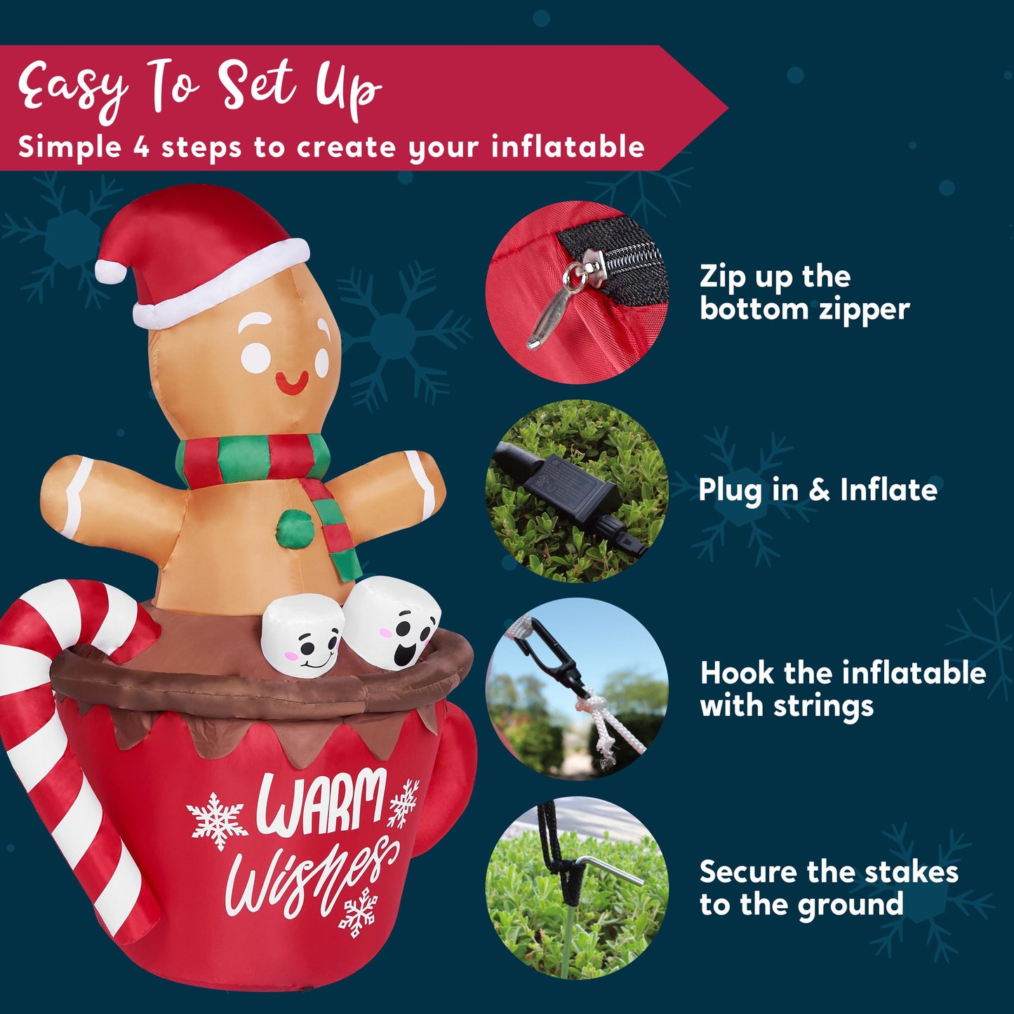 Joyfy 6 FT Christmas Inflatables Gingerbread Man Outdoor Decorations,Gingerbread Man Cocoa Mug Blow Ups Yard with Built-in LEDs for Holiday Party Garden Lawn Decor