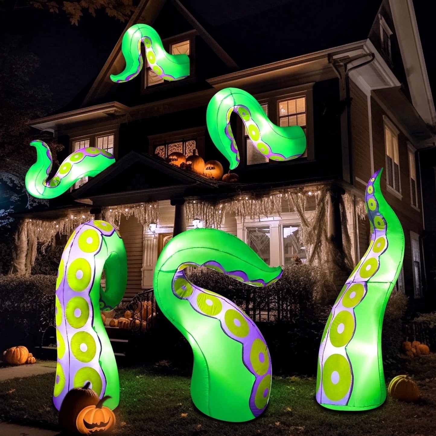 Joyfy 3 Pcs Halloween Inflatable Outdoor Giant Octopus Tentacle Broke Out from Window with Built-in LED Blow Up Inflatable for Window Decoration Yard Garden Lawn Decor