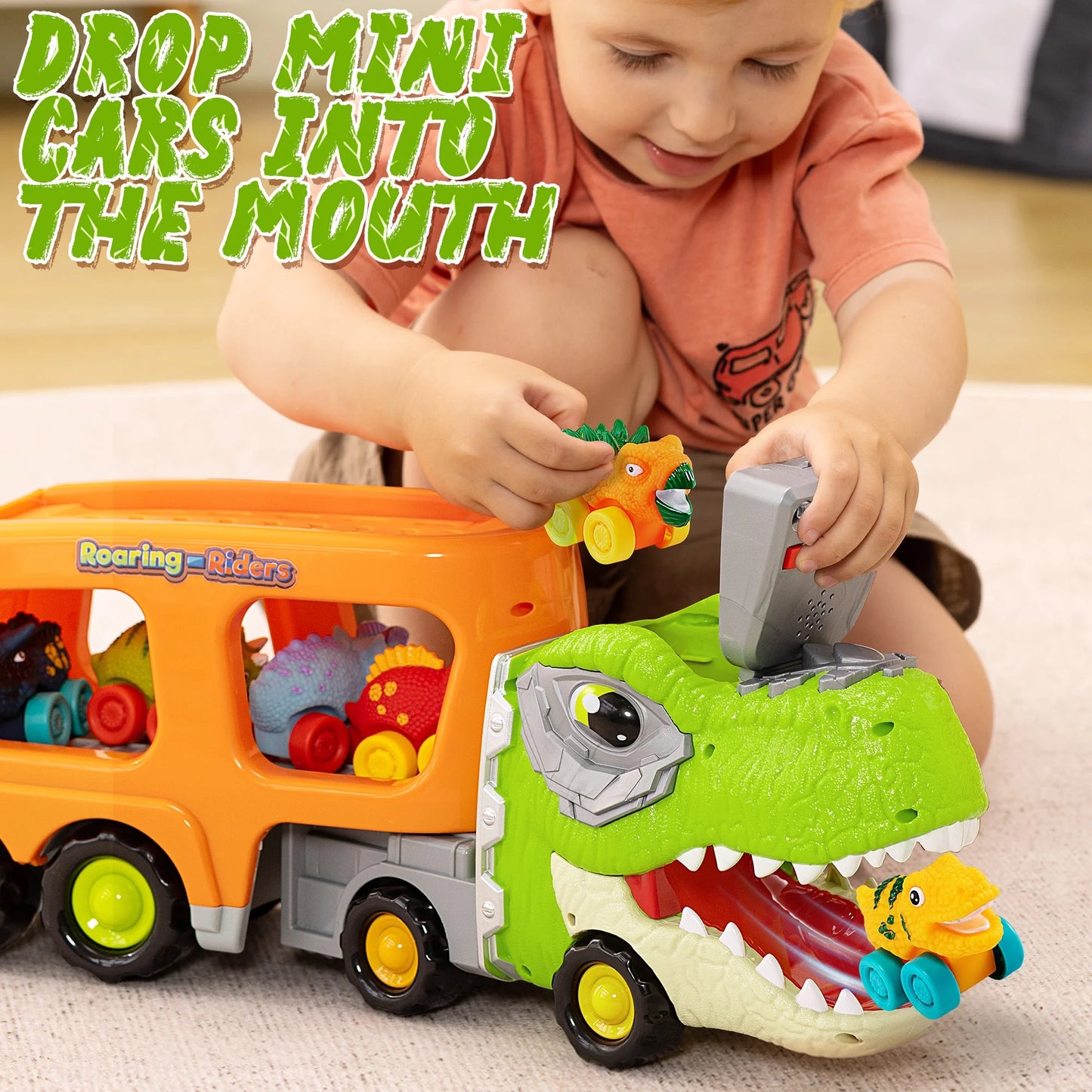 Dinosaur Truck Toys, Carrier Truck Toys with 6 Rubber Car Vehicles, Birthday Gift for Kids Toddlers 2 3 4 5 6 Years Old