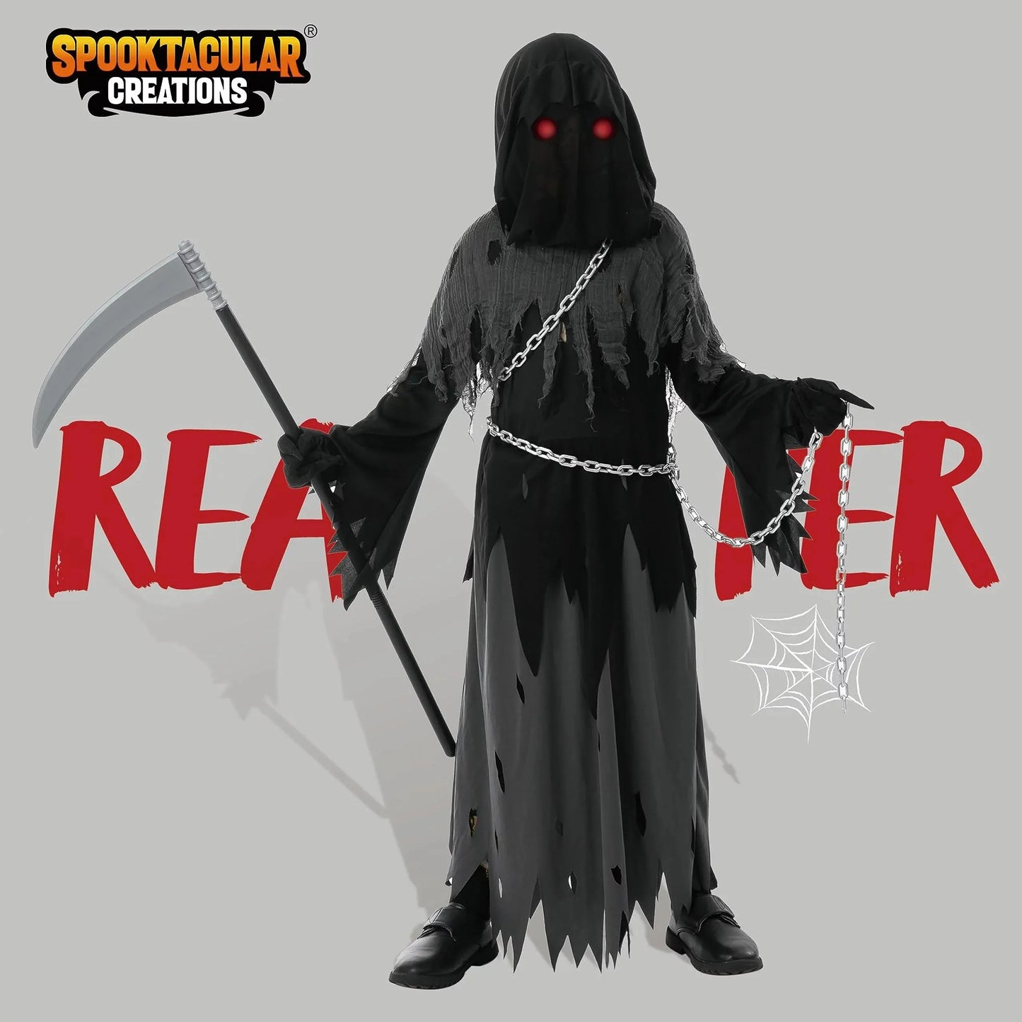 Syncfun Child Unisex Glowing Eyes Grim Reaper Costume for Creepy Phantom Halloween Costume, Large