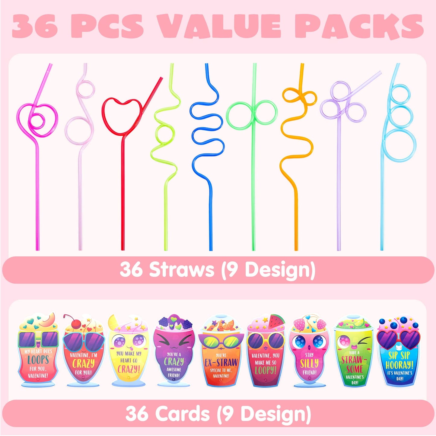 36 Pack Valentines Day Cards with Reusable Drinking Straws for Valentine Party Favors Kids Valentine School Classroom Exchange Gift Cards
