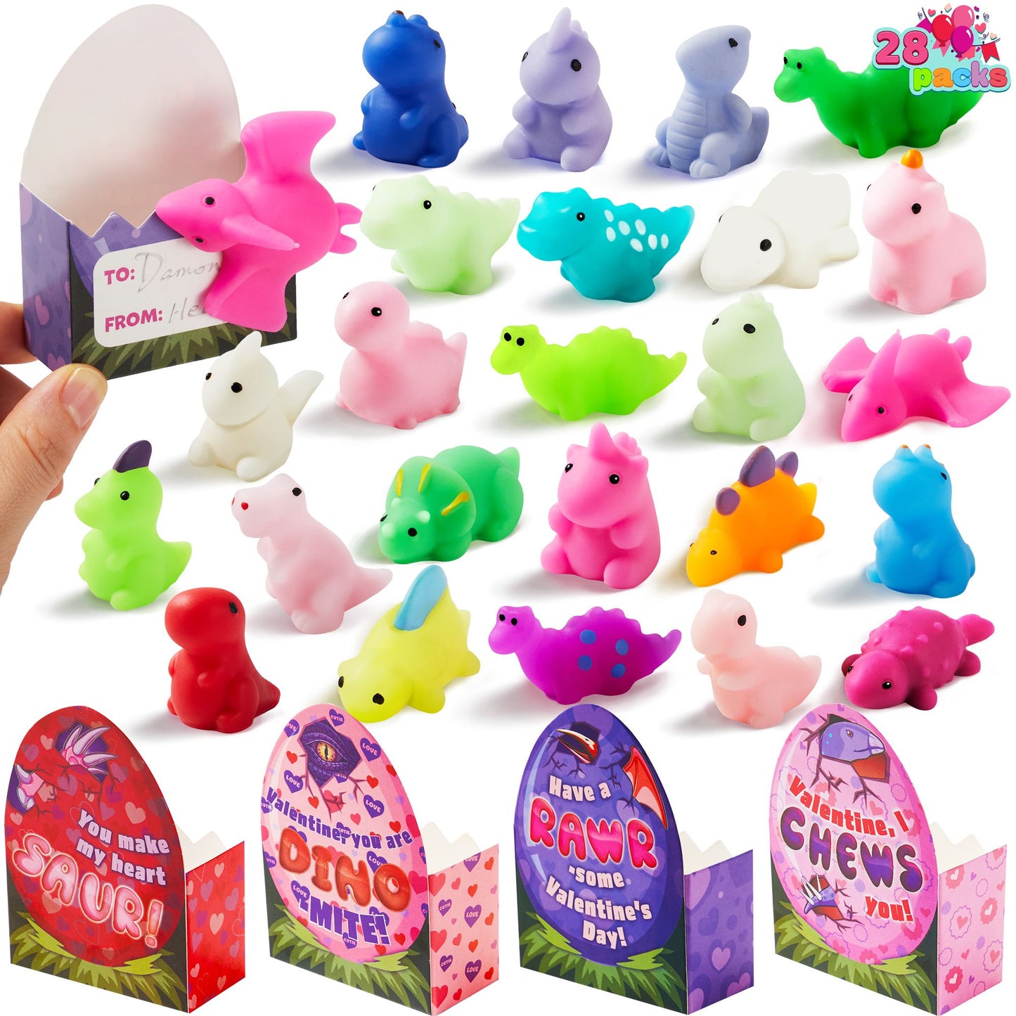 28 Packs Valentine Stress Relief Dinosaur Mochi Toys with 4-Design Boxes Party Favors Set for Kids Valentine Classroom Exchange, Holiday Party, Game Prizes and Gift Basket Stuffers