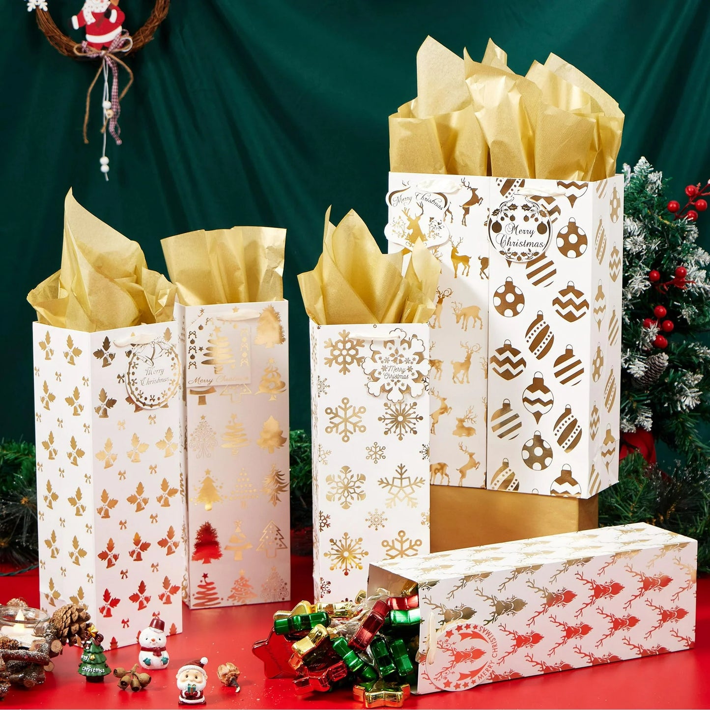 Joyfy 12 Pcs Christmas Wine Bottle Bags with Tissue Paper and Name Tags for Winter Holiday Xmas Gift Party Favor Decoration