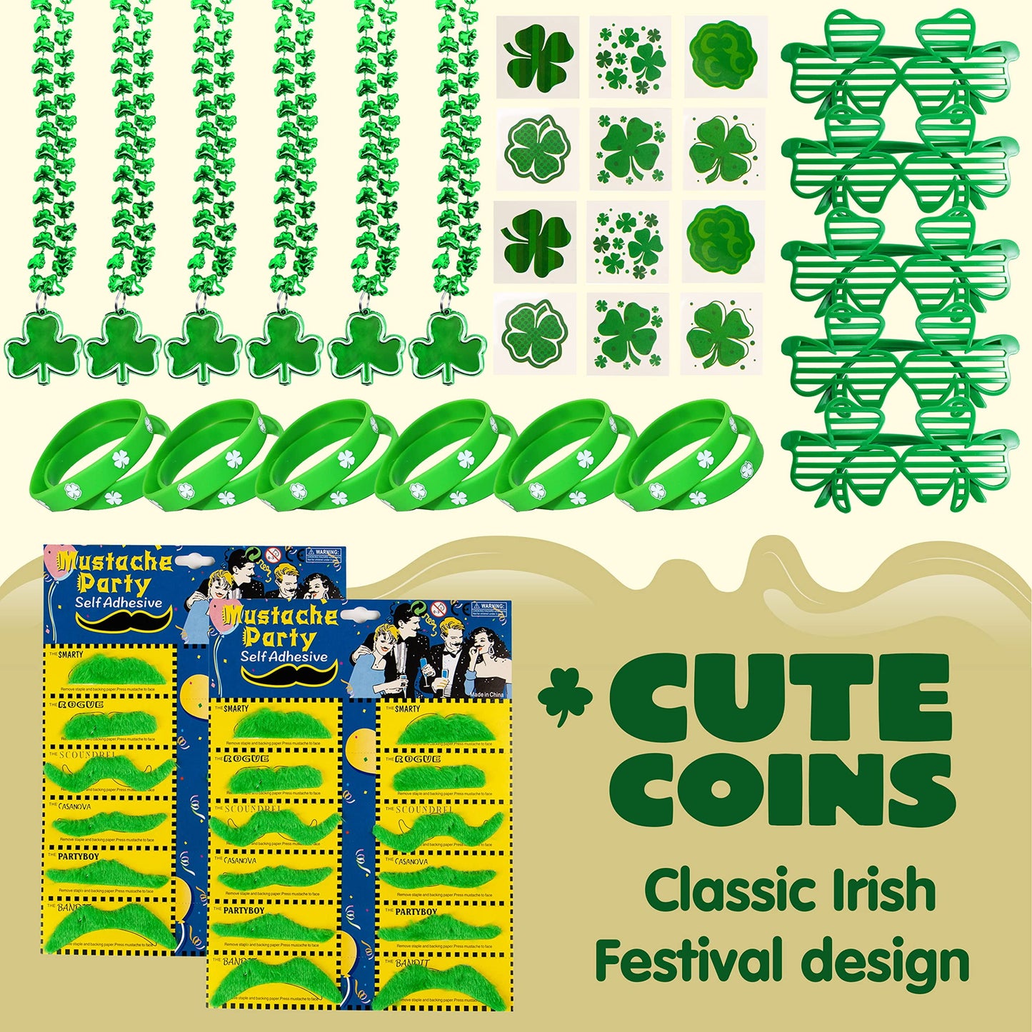 144 St. Patrick's Day outfit accessories set, 12 pairs of green clover glasses, 12 bead necklaces