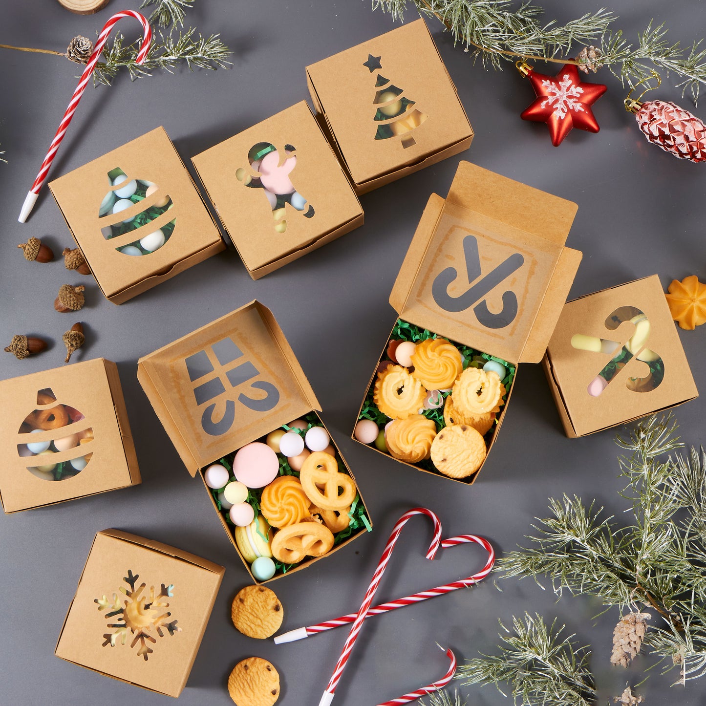 Joyfy 36 Pcs Christmas Cookie Boxes, Brown Kraft Treat Boxes with Window 4" x 4" x 2.5" Bakery Gift Warpping Box for Xmas Holiday Party Favor Pastries, Cupcakes, Cookies Donuts Gift-Giving