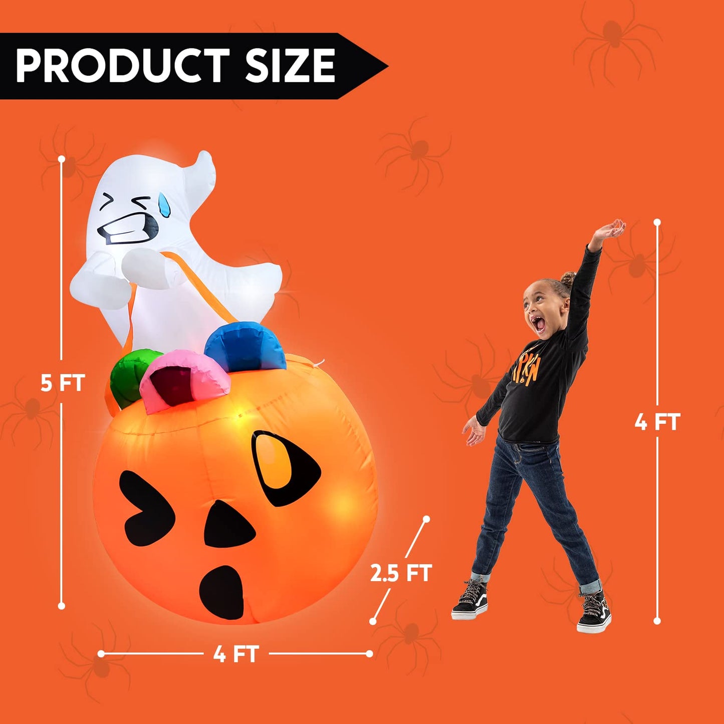 Syncfun 5 FT Halloween Inflatable Light up Ghost Lift Pumpkin Candy Bag Decorations Halloween Inflatables Outdoor Decorations,Blow up Halloween Yard Decorations