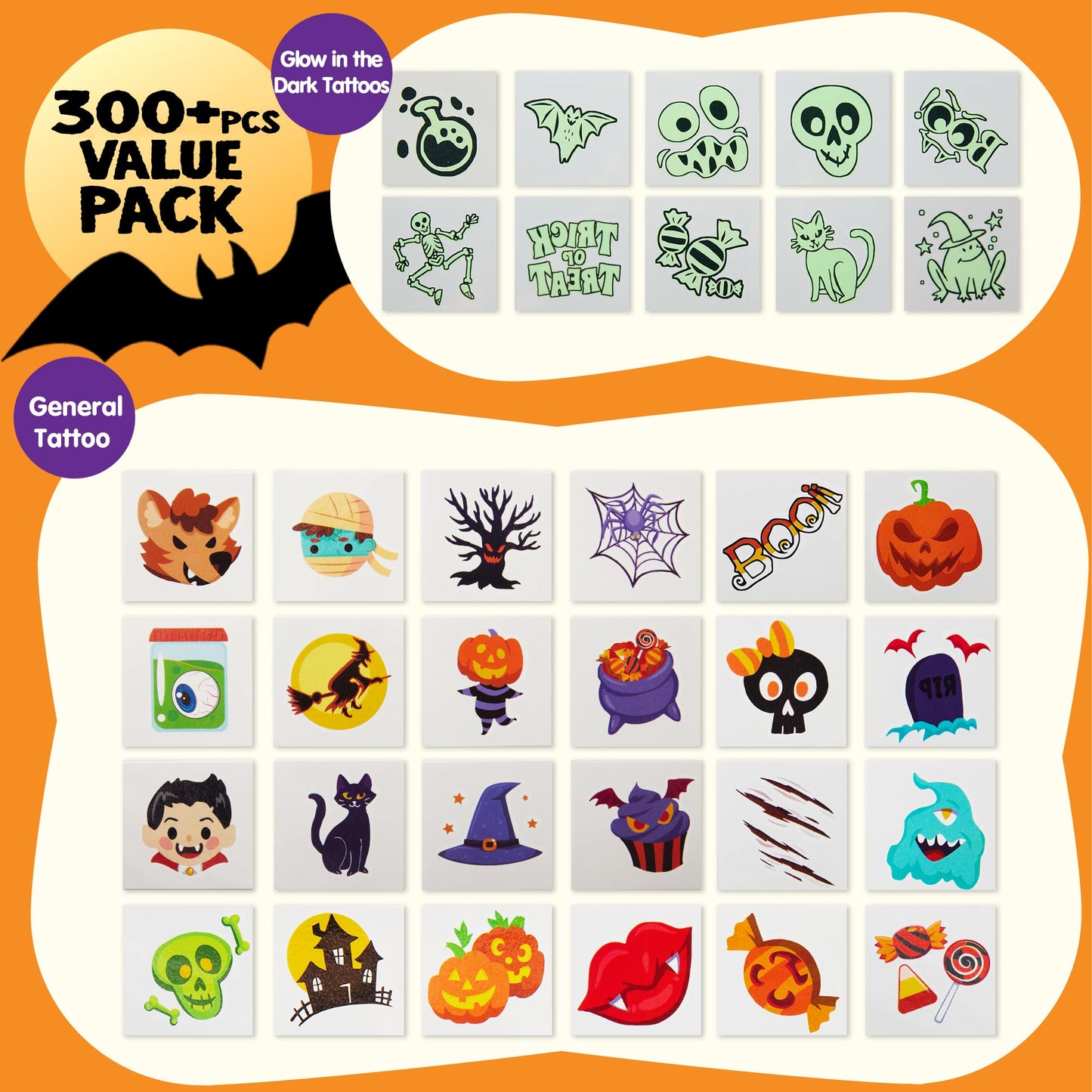 Joyfy 300+ Halloween Temporary Tattoos,Glow in The Dark Tattoos for Kids,Halloween Toys Bulk,Halloween Trick or Treat Toys,Halloween Party Favor