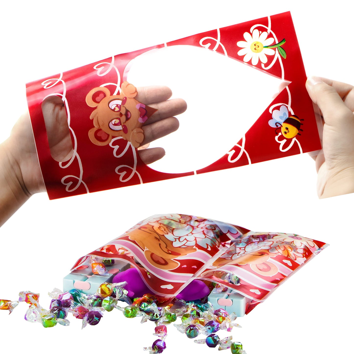 48 Pcs Valentine’s Day Gift Bag Plastic Treat Bags, Cellophane Candy Bags in 6 Designs with Heart Shaped Window for Kids Valentine Party Favor Supplies, Classroom Gift Exchange Goodie Bags