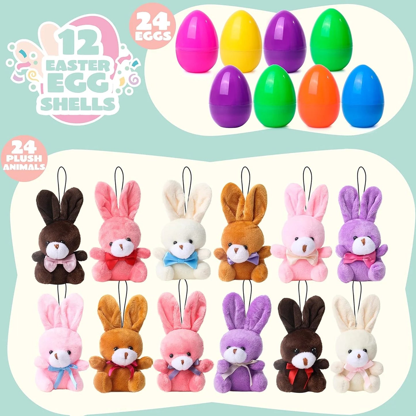 Joyfy 24 Pack Prefilled Easter Eggs with Toys,Easter Eggs with Mini Stuffed Animals Plush Bunnies Toys for Kids Toddler,Easter Basket Filler Egg Hunt Filler Stuffer