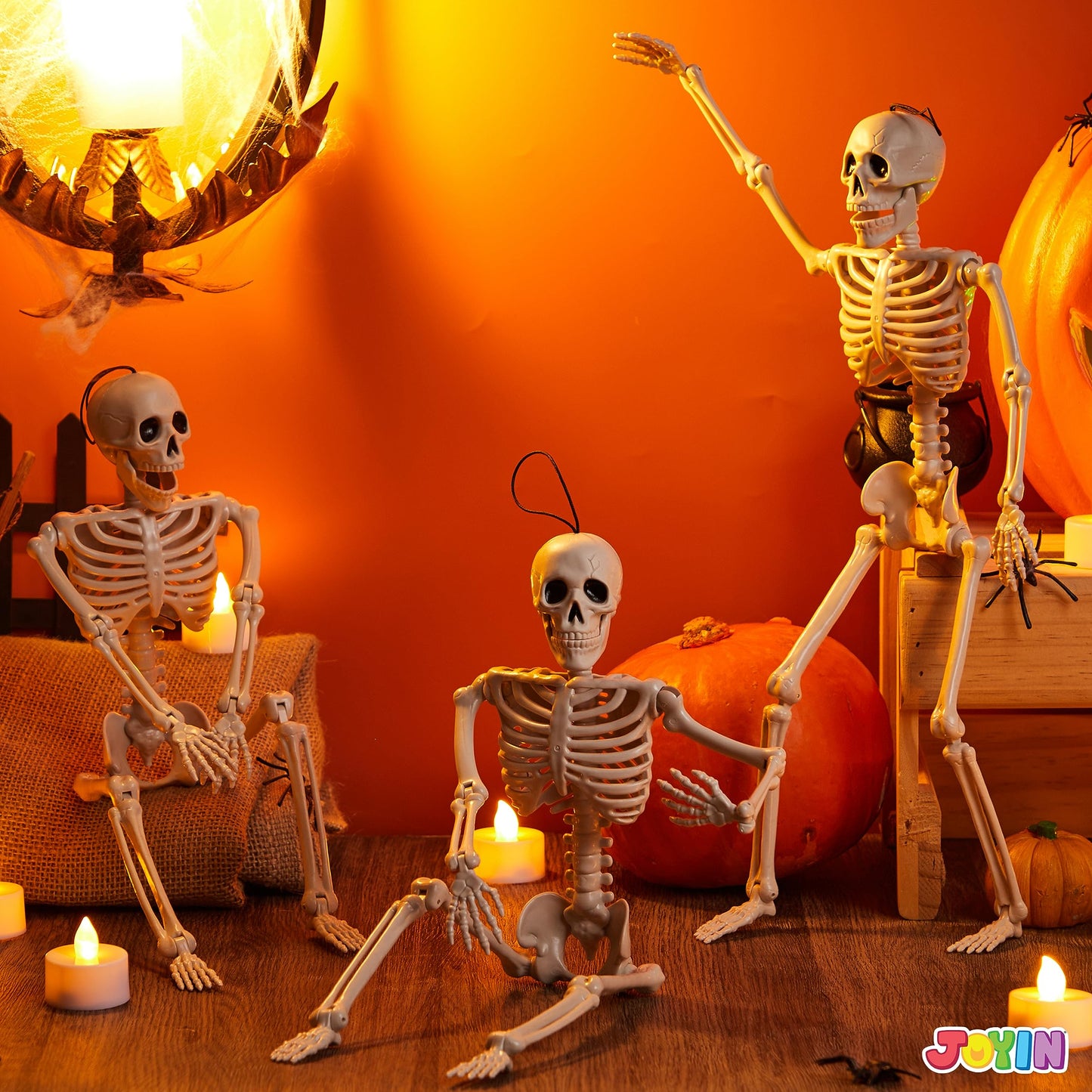 Joyfy 3 Pcs Skeleton Halloween Decorations,16 Inch Full Body Poseable Skeleton with Movable Joints for Halloween Indoor Outdoor Party,Graveyard,Haunted House Accessories
