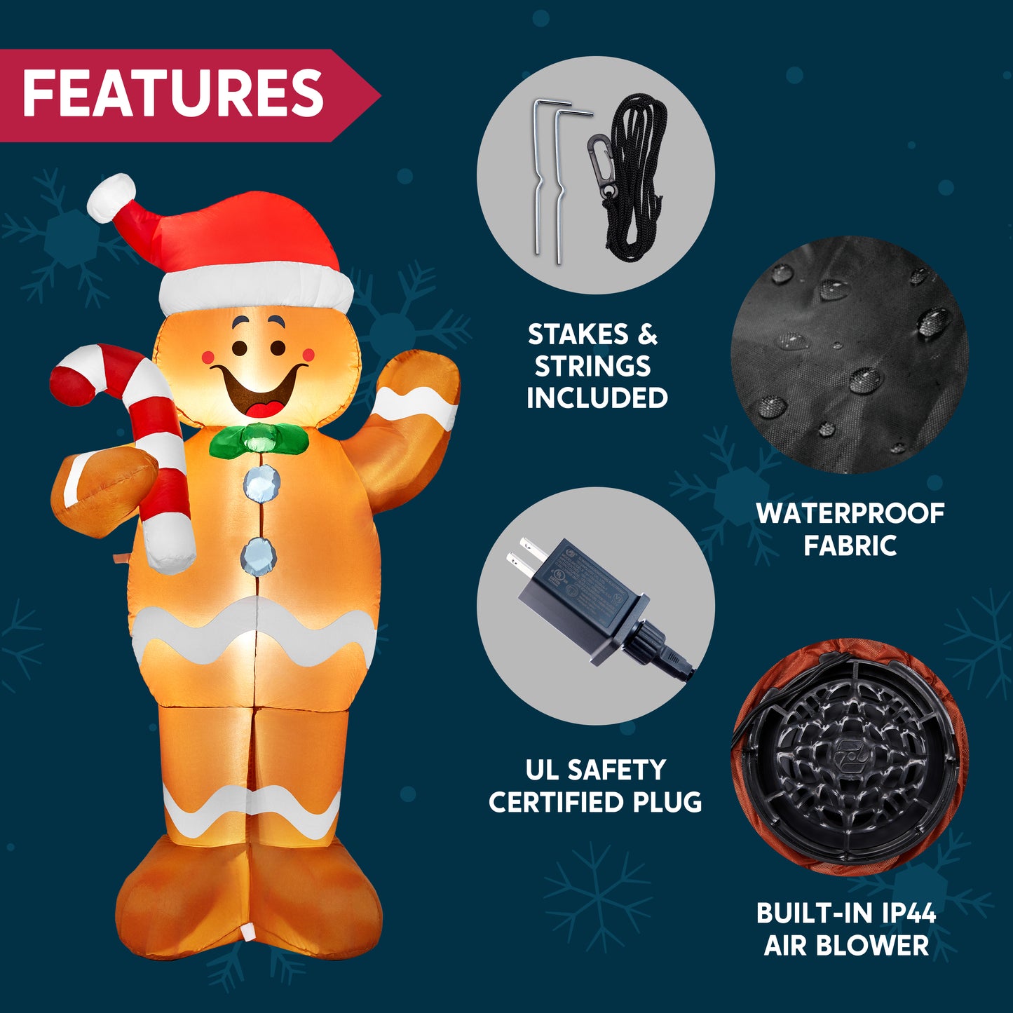 Joyfy 5 ft Christmas Inflatables Gingerbread Outdoor Decorations,Gingerbread Man Blow Ups with Built-in LEDs for Holiday Party Garden Lawn Yard Decor