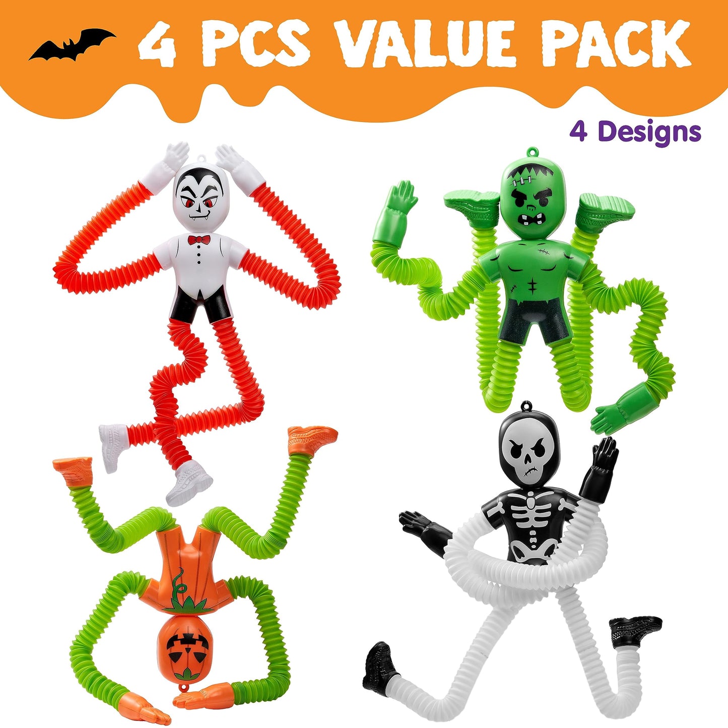 Syncfun 4 Pcs Halloween Sensory Stretchy Fidget Toys,Halloween Telescopic Pop Tube Toys Bulk for Party Favors,Halloween Goody Bag Fillers,Halloween Stretchy Toys for Classroom Prizes