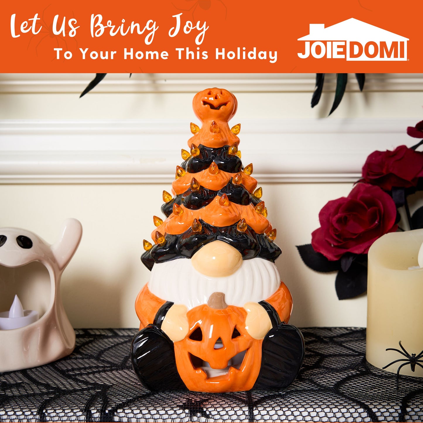 JOYIN 8.5 inch Halloween Decorations Ceramic Gnome Tree Decorations with Build-in LEDs,Light Up Pumpkin Table Decor Bedroom Indoor Centerpieces for Tables