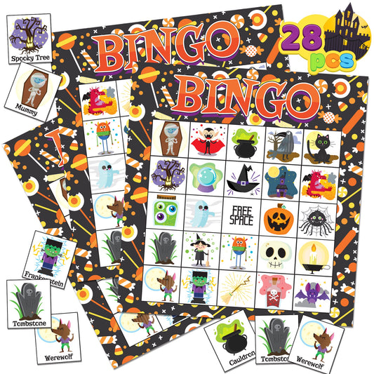 Syncfun 28 Pack Halloween Bingo Game Cards Games for Kids,Halloween Bingo Fun Party Games Classroom Games Activities Party Supplies